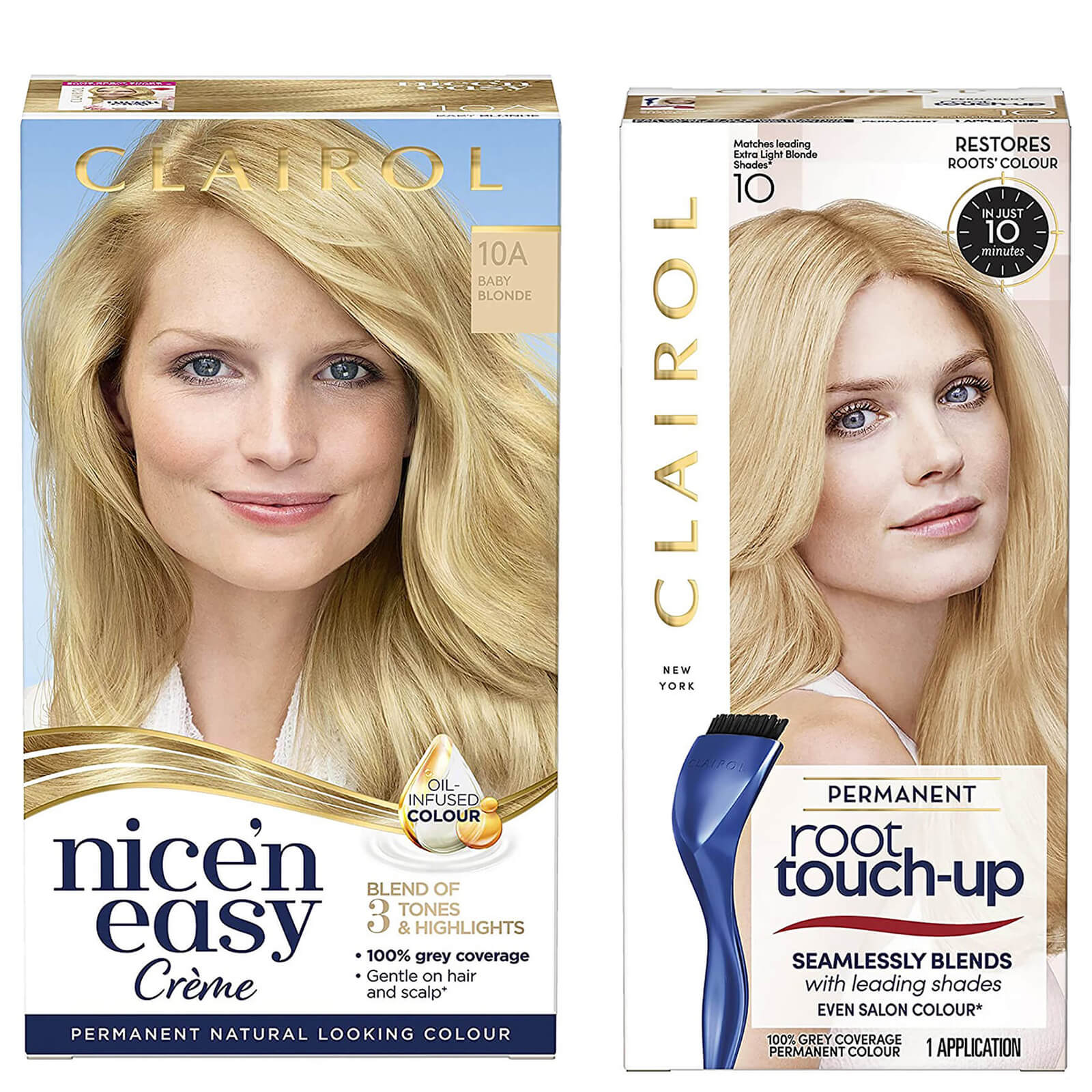 Clairol Nice' n Easy Permanent Hair Dye and Root Touch up Duo (Various Shades) - 10A Baby Blonde/10 Extra Light Blonde
Clairol Nice' n Easy Permanent Hair Dye and Root Touch up Duo (Various Shades) - 10A Baby Blonde/10 Extra Light Blonde