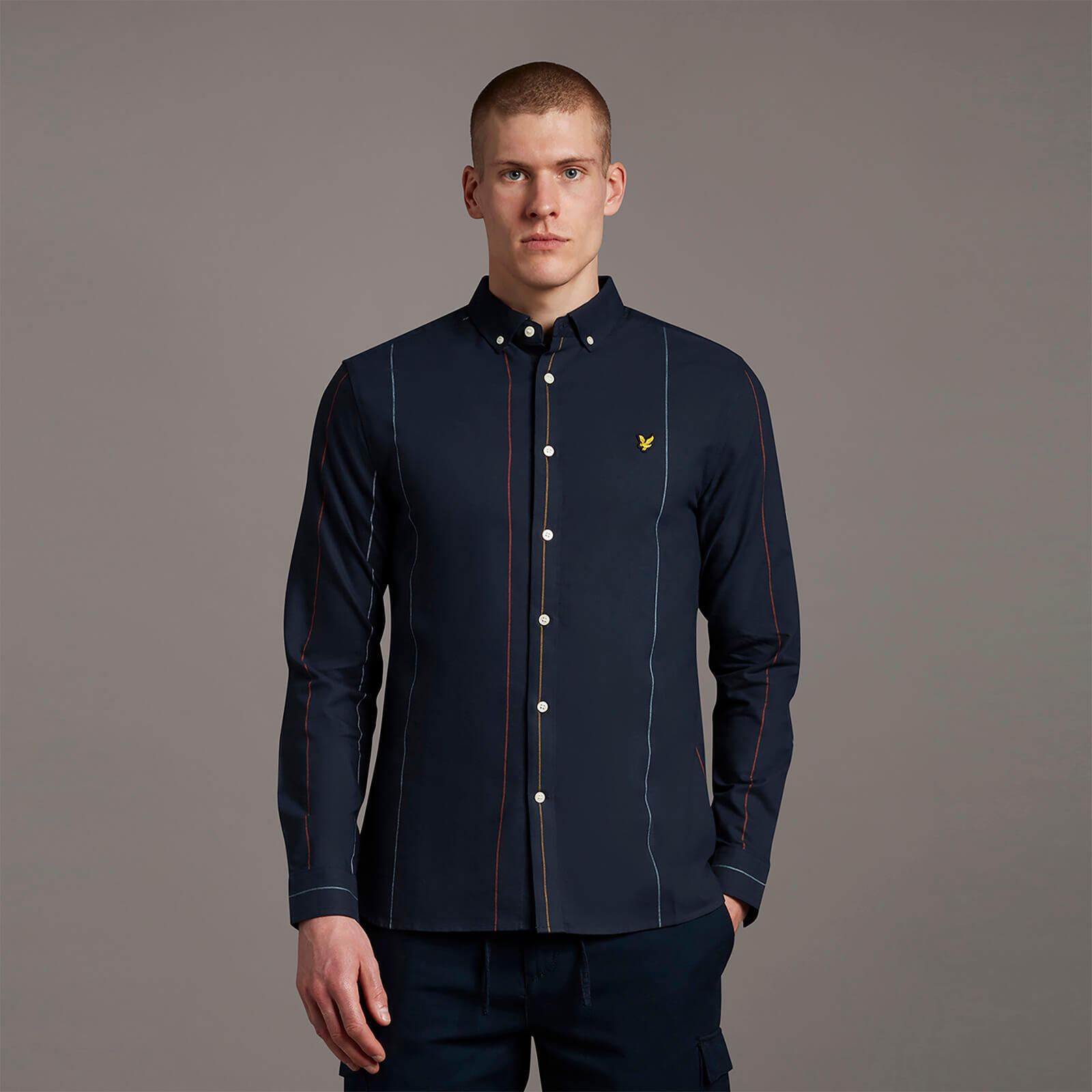Vertical Stripe Long Sleeve Oxford Shirt - Dark Navy - M