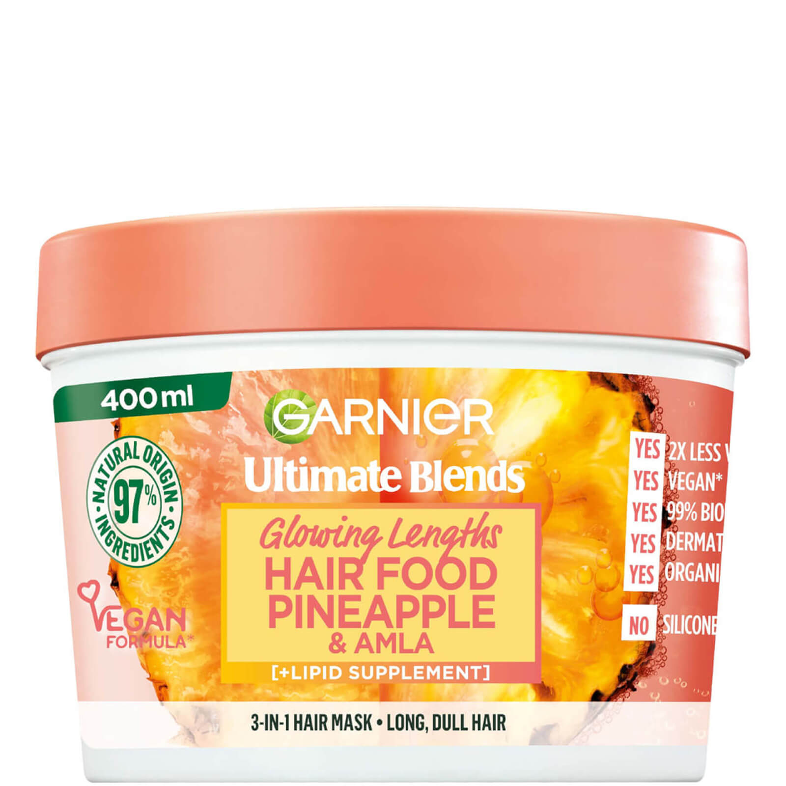 Garnier Ultimate Blends Glowing Lengths Pineapple and Amla Hair Food 3-in-1 Hair Mask Treatment 400ml
Garnier Ultimate Blends Glowing Lengths Pineapple and Amla Hair Food 3-in-1 Hair Mask Treatment 400ml