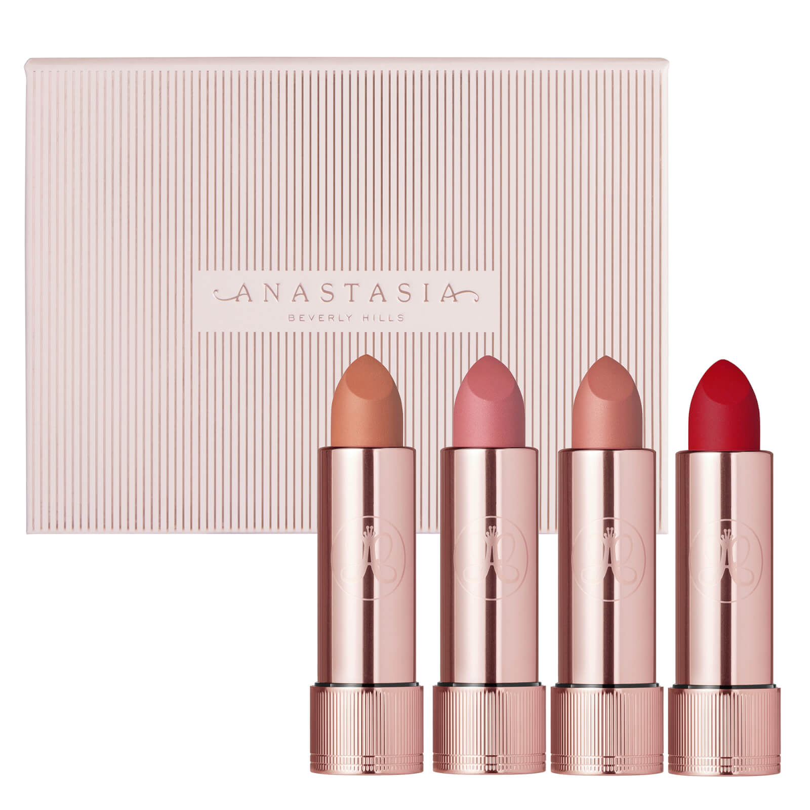 Anastasia Beverly Hills Deluxe Matte Lipstick Set - Peachy Nude, Hush Rose, Blush Brown, Royal Red
Anastasia Beverly Hills Deluxe Matte Lipstick Set - Peachy Nude, Hush Rose, Blush Brown, Royal Red
