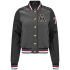 Brave Soul present the women's 'Pendant' varsity jacket. The epitome of preppy chic  the baseball jacket with contrasting  black sleeves features a grey fabric body and ribbed collar  cuffs and hem  all detailed with a pink and white stripe. A large appliqu&amp;eacute; 'A' motif sits on the chest  adjacent to an appliqu&amp;eacute; '76' on the left sleeve. Finished with press stud fastening and two welt pockets. - K.N.    Brave Soul women's Pendant Varsity Jacket  Material: Body: 93% Polyester  7% Viscose. Lining: 100% Polyester  Contrasting fabrics  Preppy baseball jacket  Grey fabric body  Black sleeves  Press stud fastening  Ribbed and striped collar  cuffs and hem  Two welt pockets  Appliqu&amp;eacute; motifs