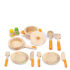 Gourmet Kitchen Starter Set    Hape wooden gourmet chef's cookware and dinner set for two  Chunky wooden cooking utensils, pots, pans, dinner plates, cutlery, salt, pepper and tea towel  Attractive, colourful and durable toy for stimulating and captivating role play  Made to Hape environmentally friendly and high quality standards  Helps develop imaginative role play and fine motor skills
