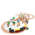 Designed to join up in the traditional figure of eight, the Tidlo Wooden Train Set is perfect for your little conductor. With track pieces that are interlocking for the train to move along, this 50 piece train set includes everything you need to build a charming little town. It comes complete with a train and carriages, buildings, bridges, farm animals and people. - A.D.   In The Box:    One train  3 x carriages  17 x track pieces  6 x trees/bushes  8 x buildings/roofs  6 x track accessories such as traffic lights  9 x people/animals    Features:    Figure of eight starter train set  Can be used on the floor, table or playmat  Multi configuration set  Interlocking track pieces plus train, carriages, buildings, bridges, trees and people  Compatible with other popular wooden train sets  Suitable for ages 3