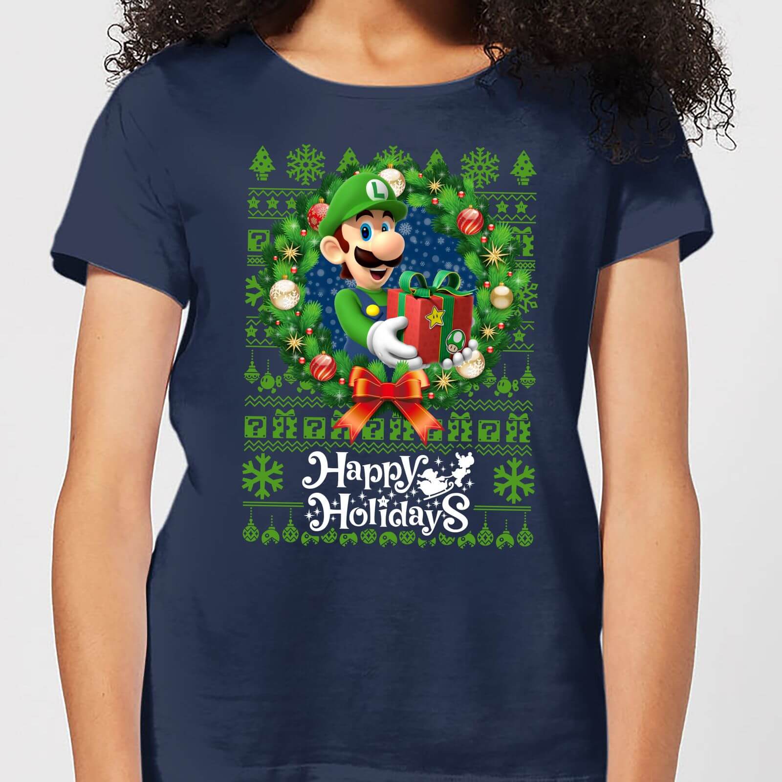 T-Shirt de Noël Femme Nintendo Happy Holidays Luigi - Bleu Marine - L
