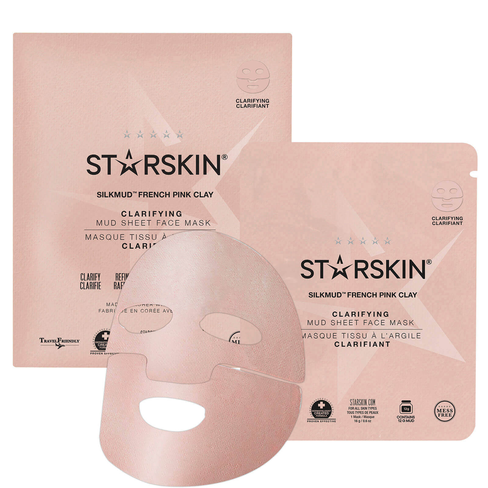 STARSKIN SILKMUDtm Pink French Clay Purifying Liftaway Mud Face Sheet Mask