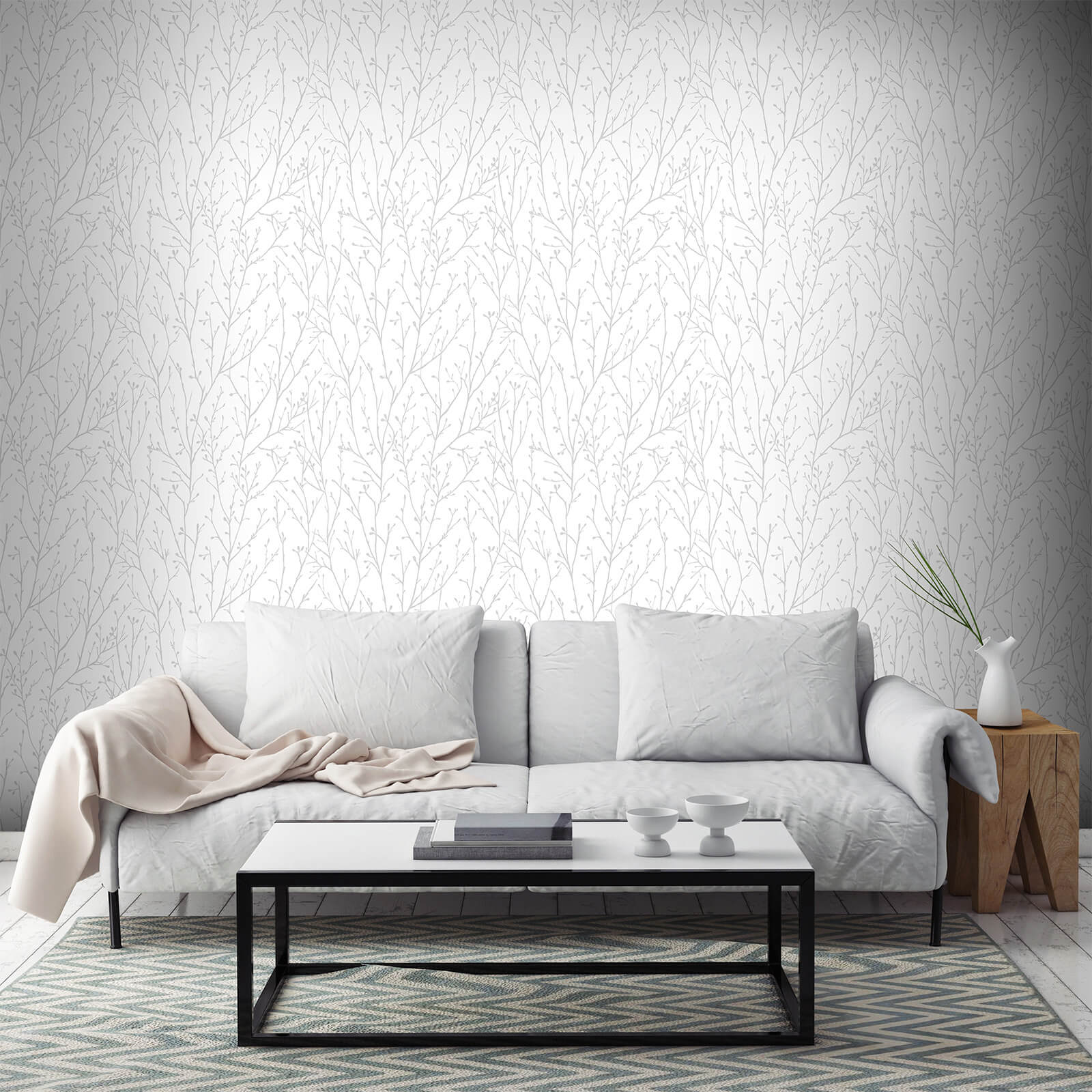 Superfresco Willamena Sprig Motif Glitter Wallpaper - Silver/White