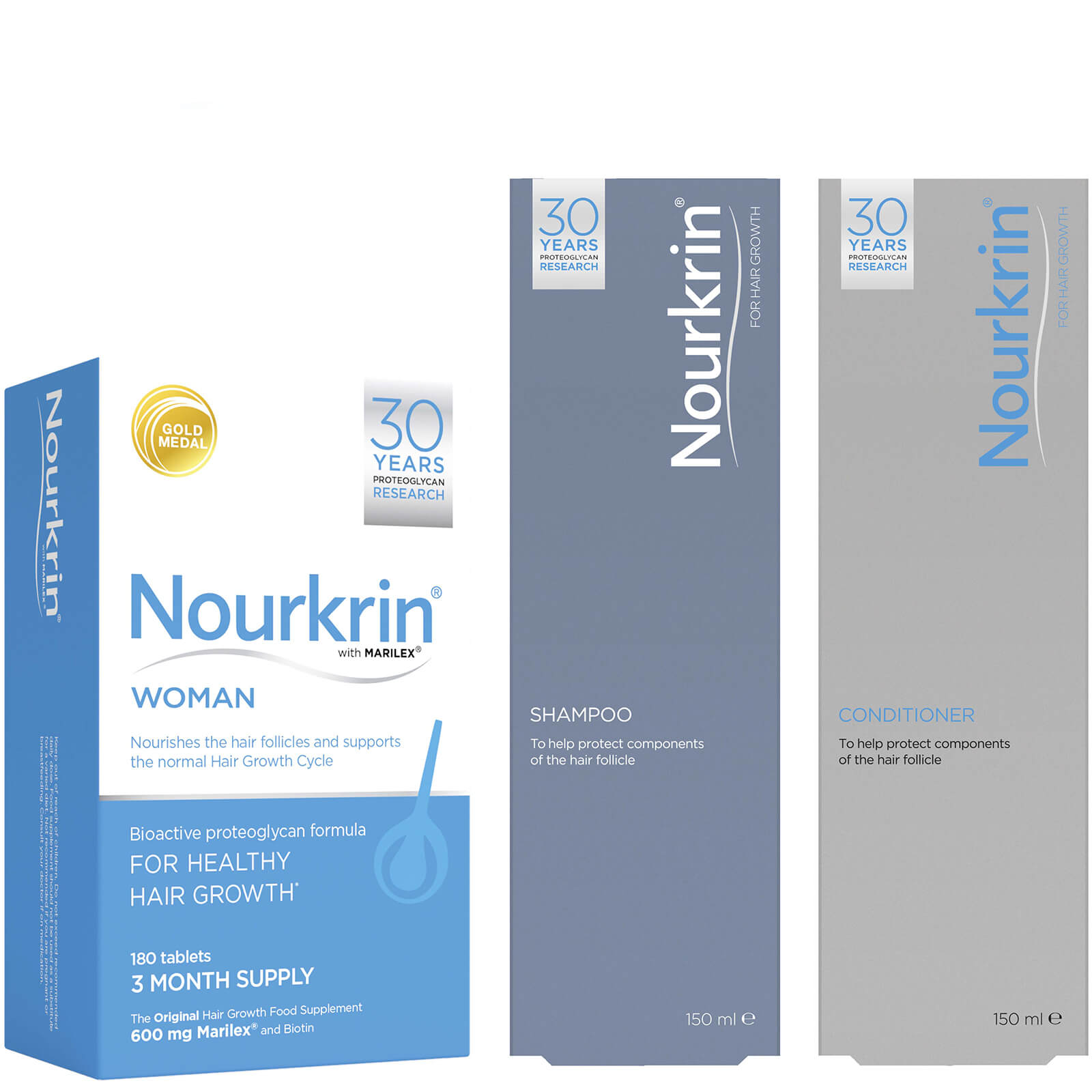 Nourkrin Woman Hair Growth Supplements 12 Month Bundle with Shampoo and Conditioner x4 (Worth PS623.