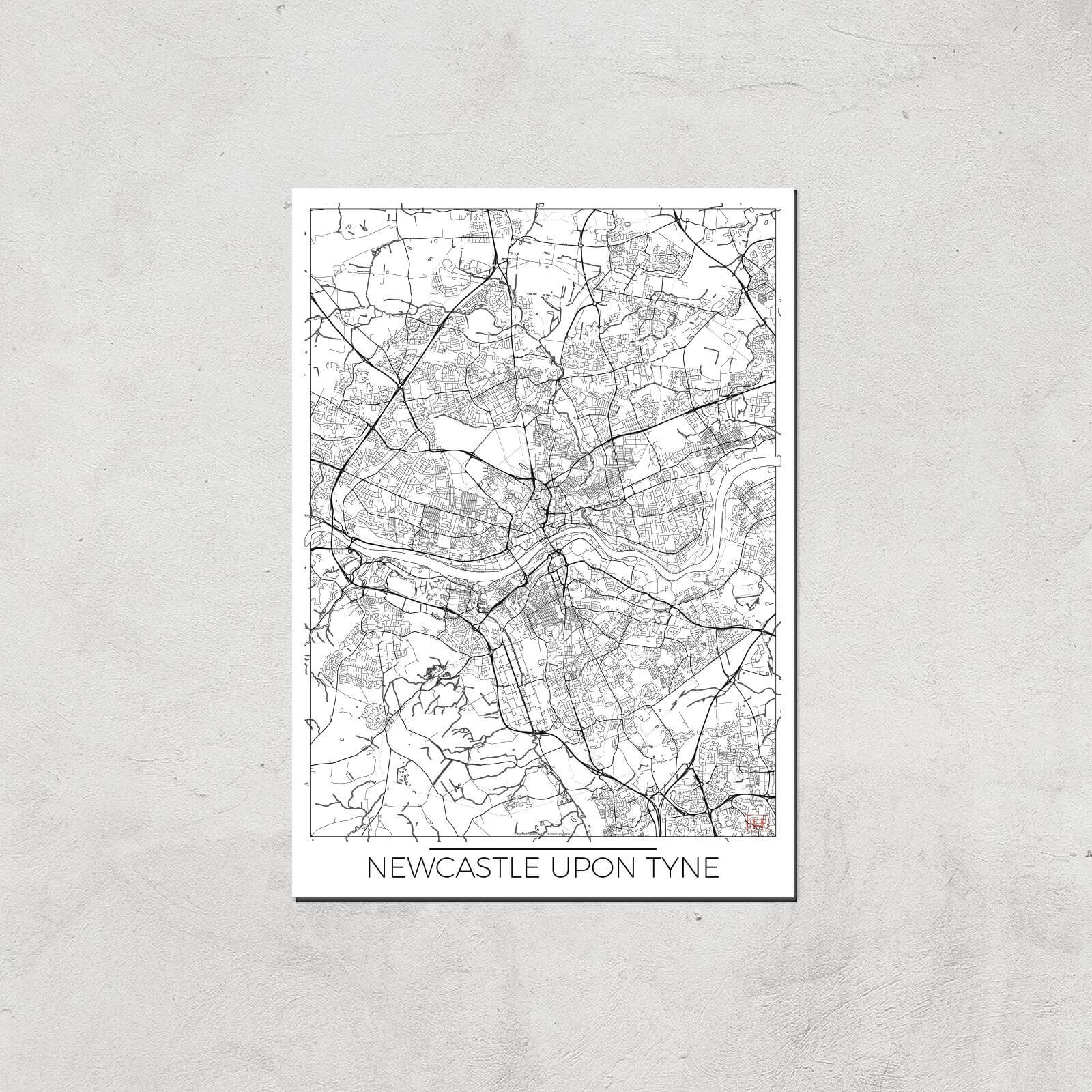 City Art Black and White Outlined Newcastle Map Art Print - A3 - Print Only