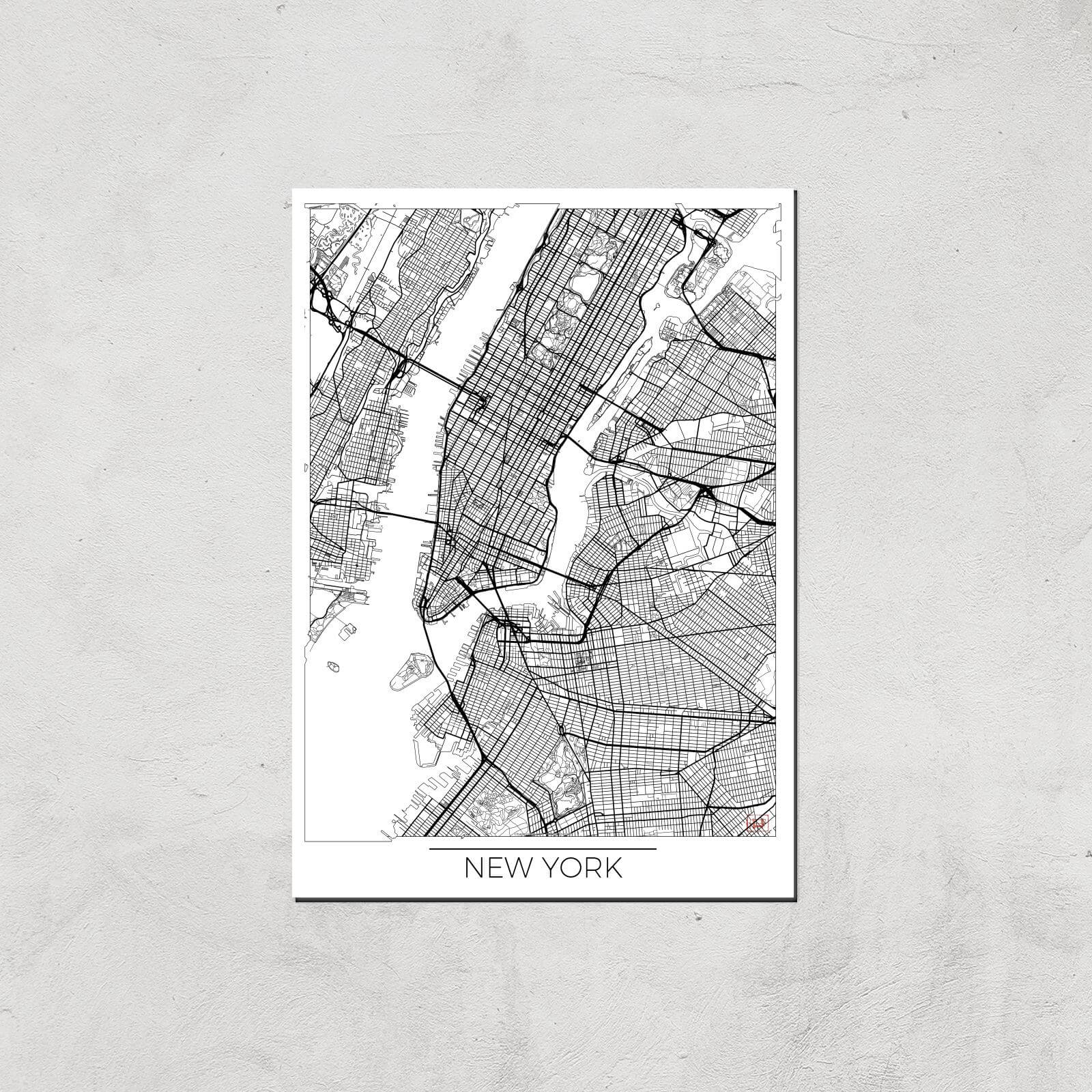City Art Black and White Outlined New York Map Art Print - A4 - Print Only