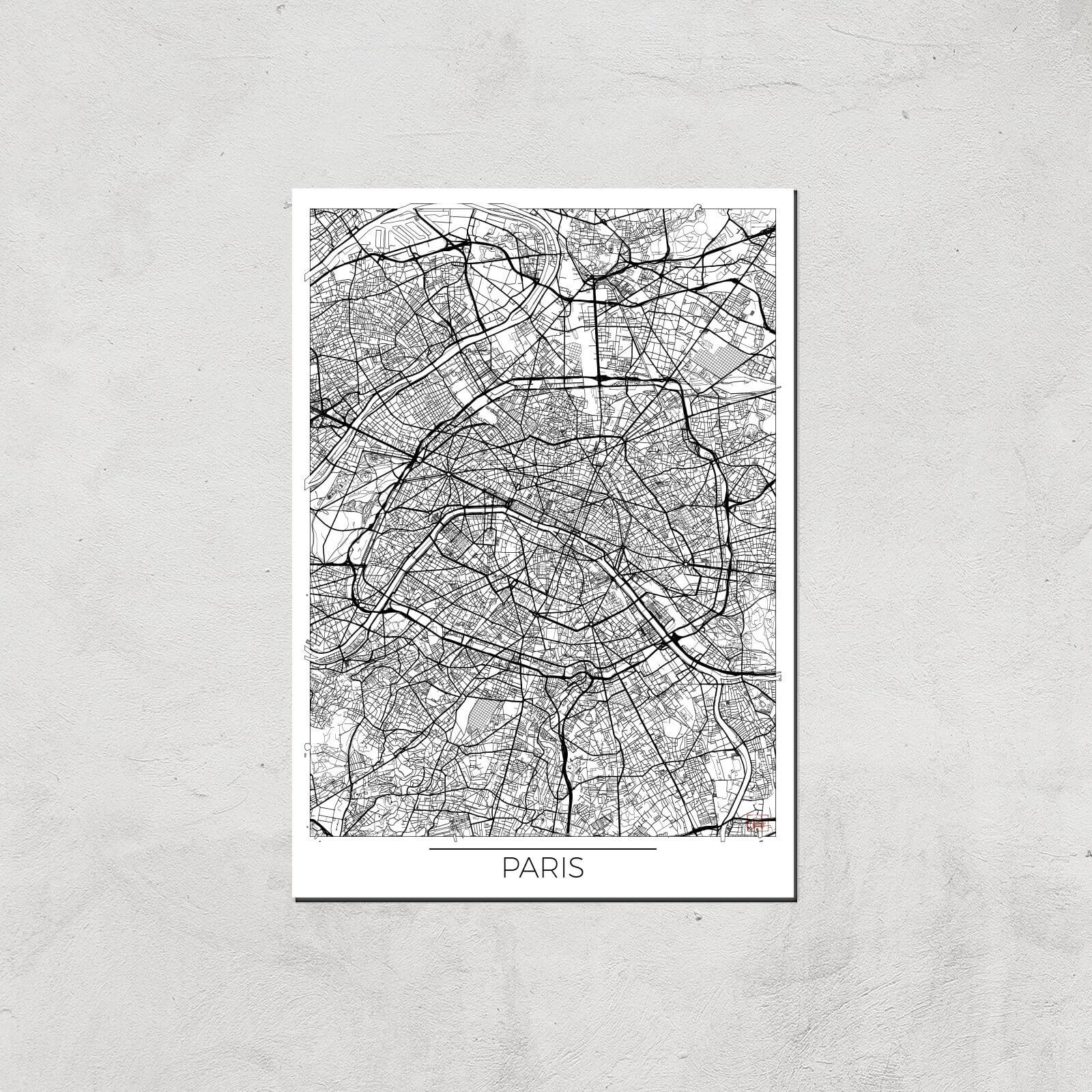 City Art Black and White Outlined Paris Map Art Print - A4 - Print Only