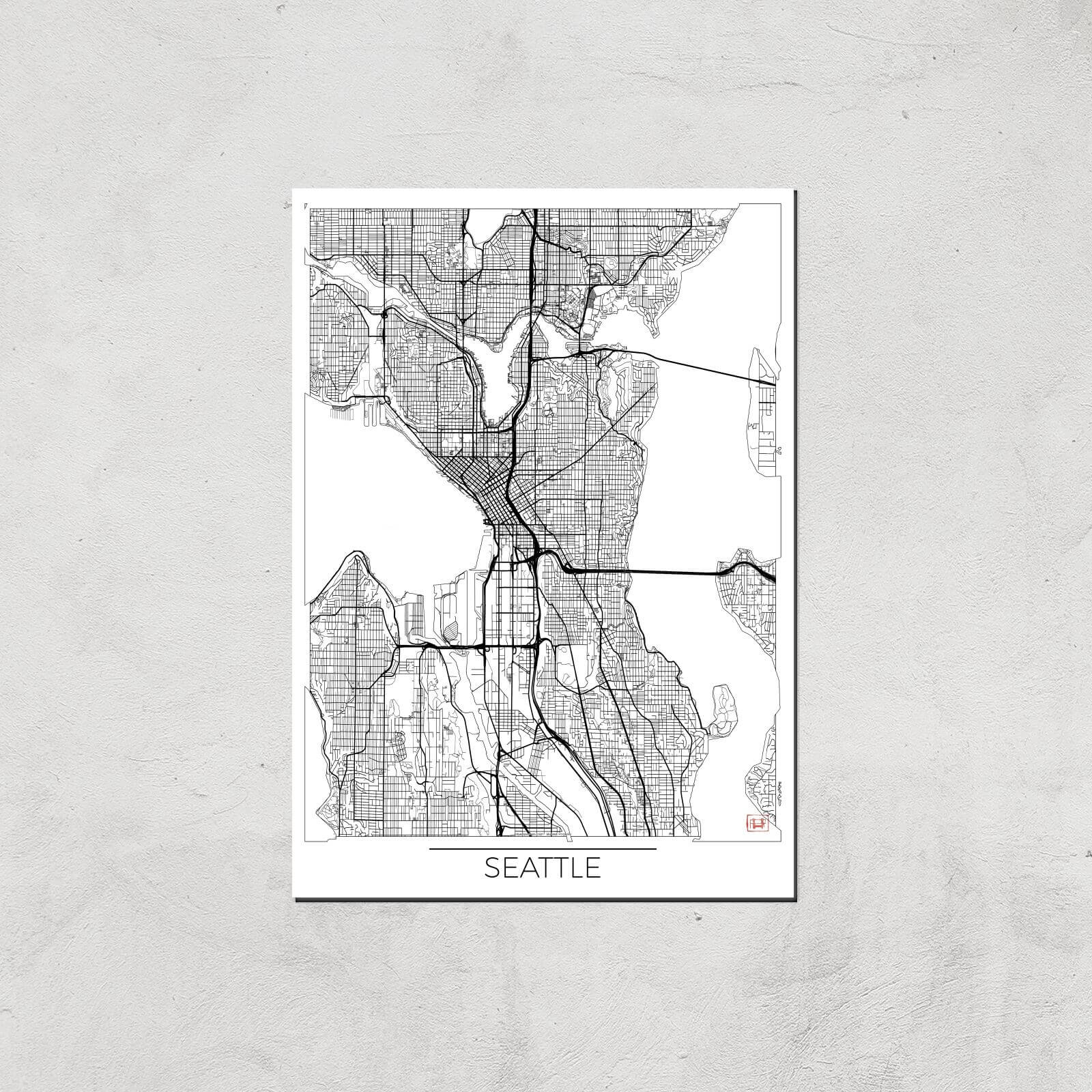 City Art Black and White Outlined Seattle Map Art Print - A4 - Print Only