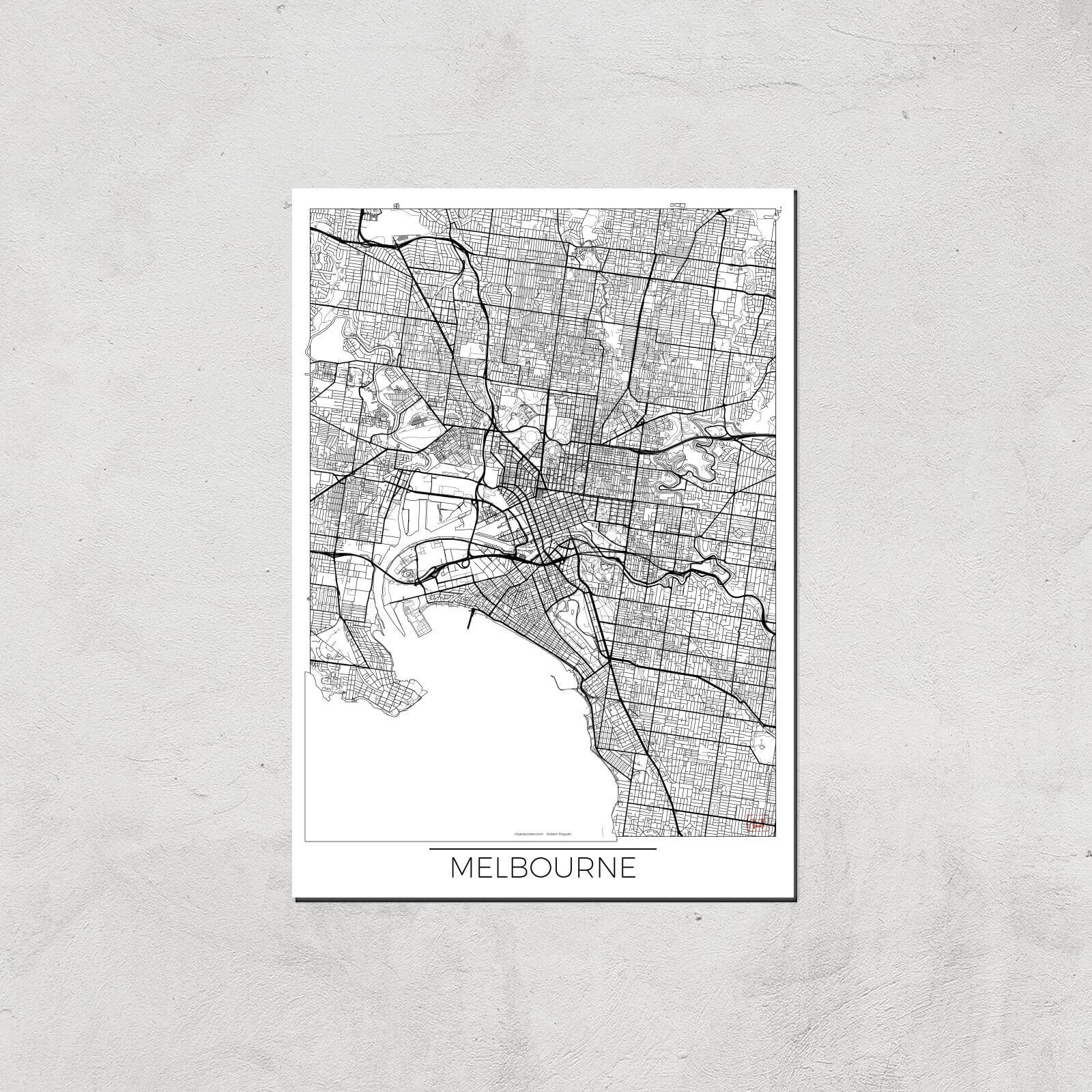 City Art Black and White Outlined Melbourne Map Art Print - A3 - Print Only