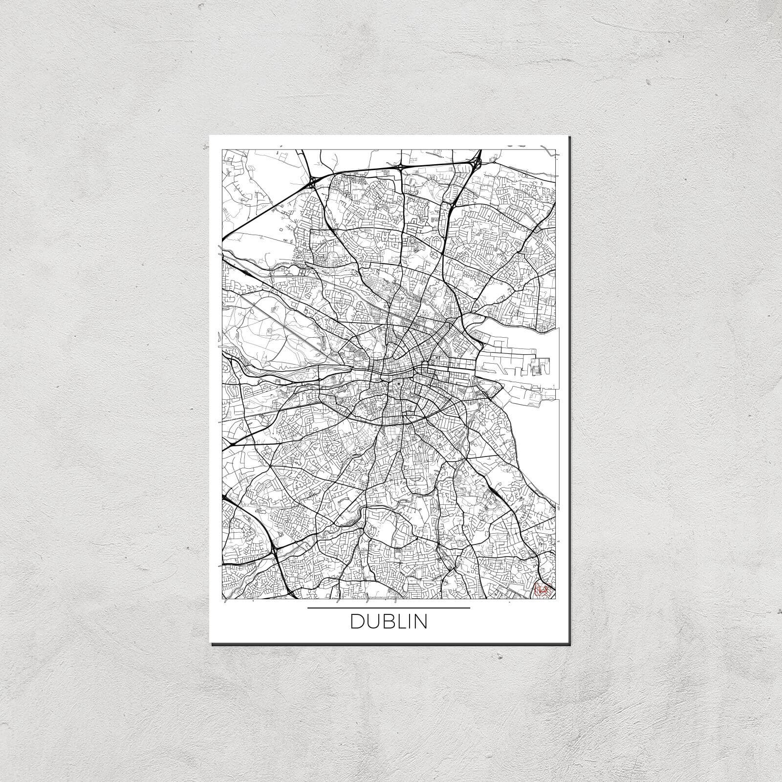 City Art Black and White Outlined Dublin Map Art Print - A3 - Print Only