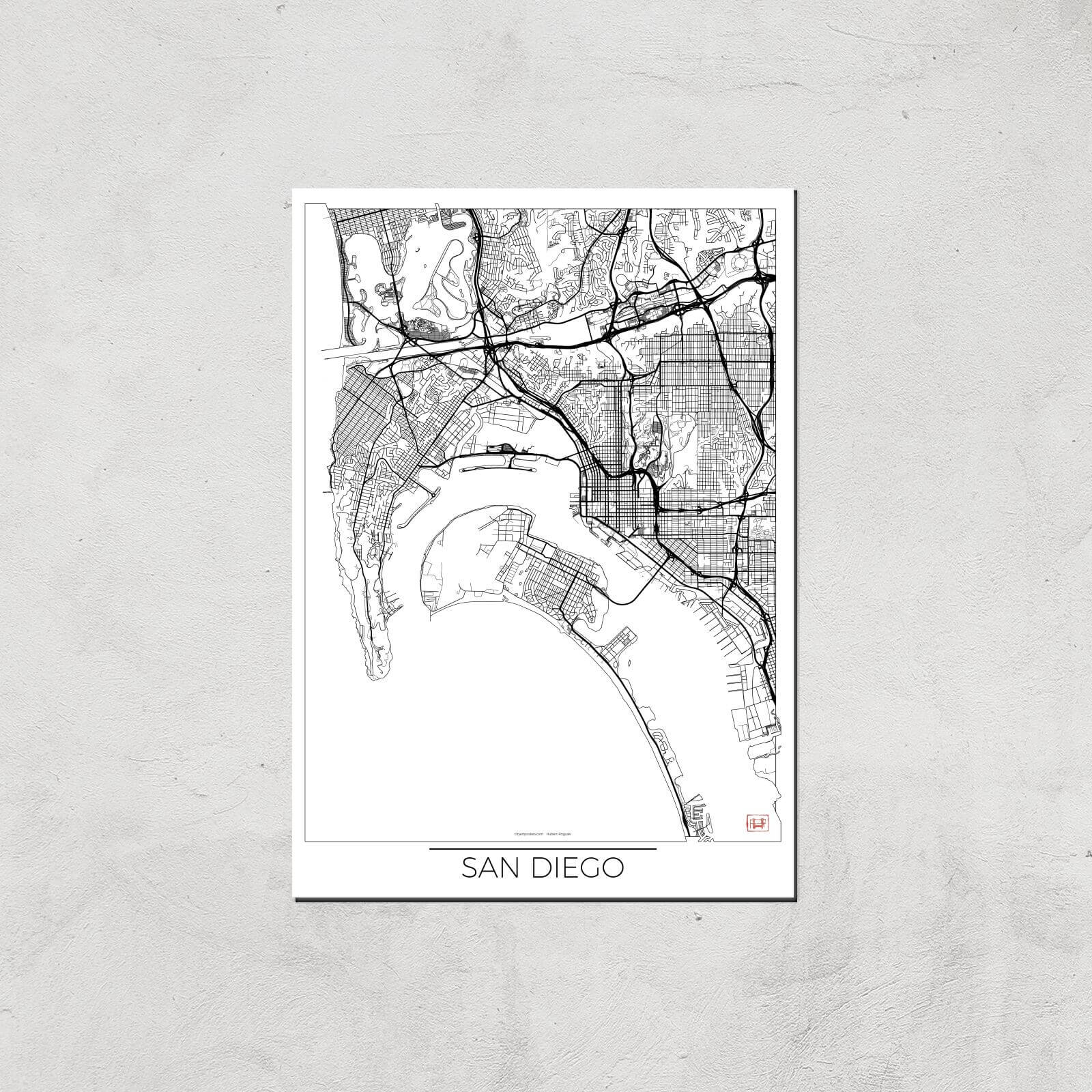 City Art Black and White Outlined San Diego Map Art Print - A3 - Print Only