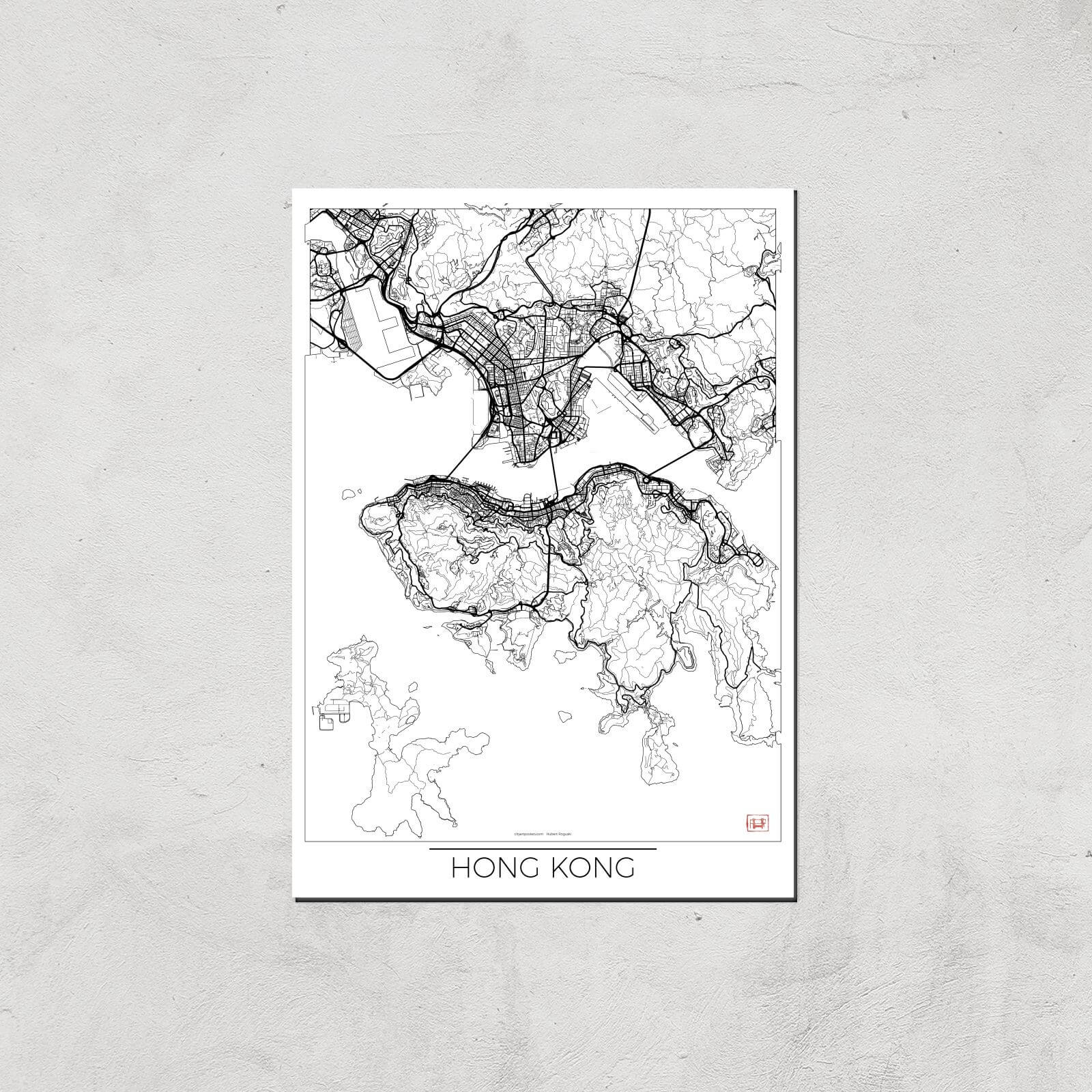 City Art Black and White Outlined Hong Kong Map Art Print - A4 - Print Only