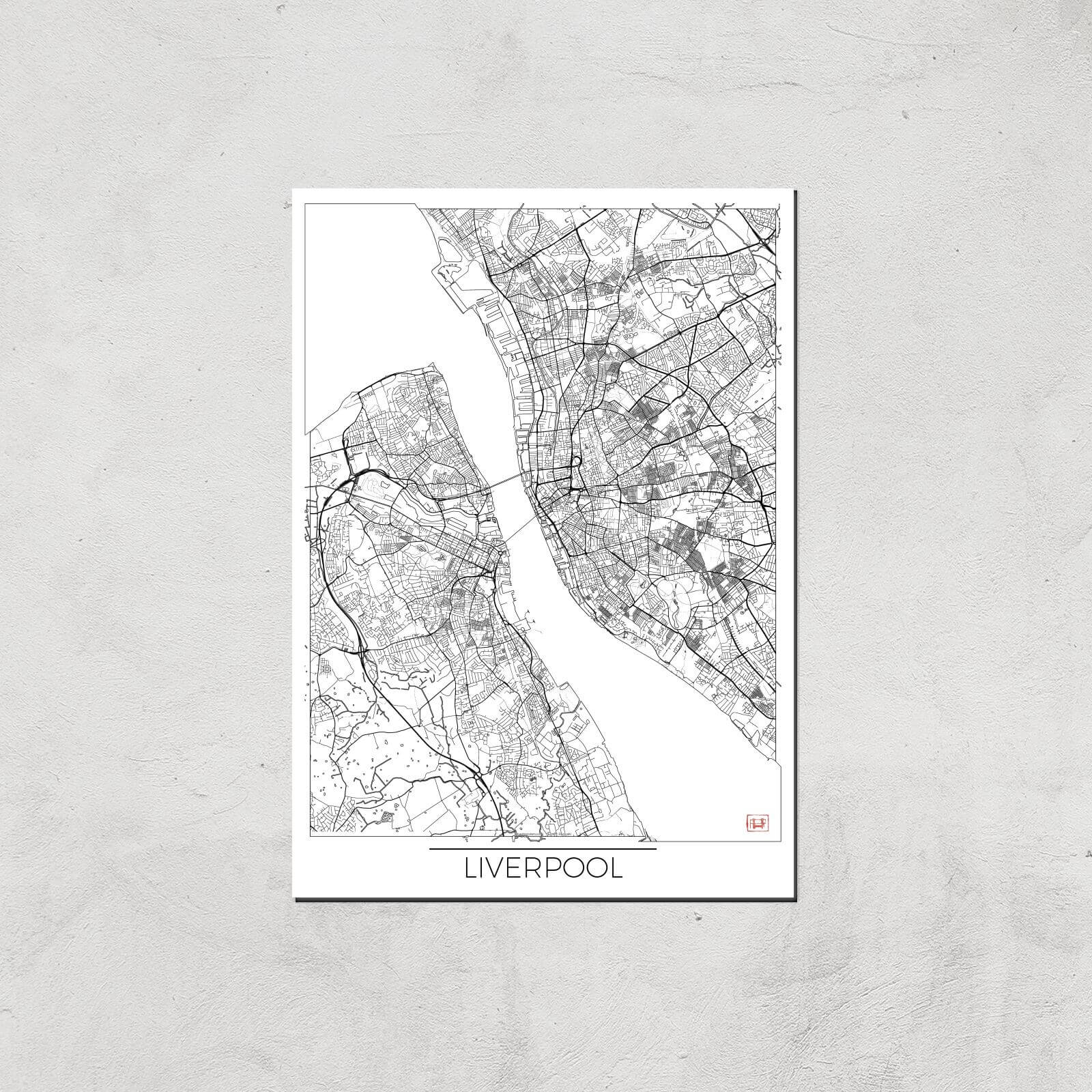 City Art Black and White Outlined Liverpool Map Art Print - A3 - Print Only