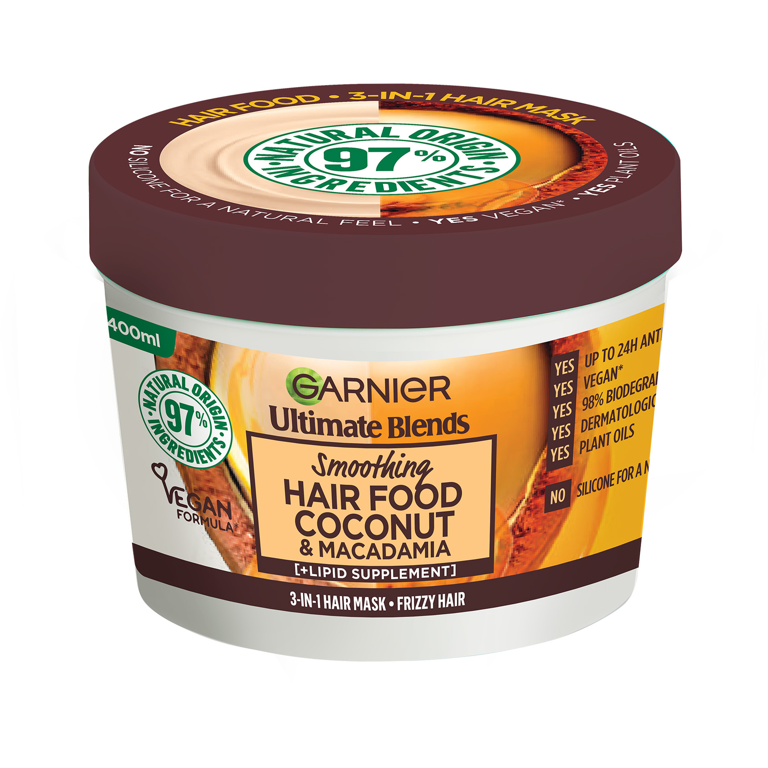 Garnier FRUCTIS Hair Food Huile de Coco 3-en-1 Masque Nourrissant pour Cheveux Frisés 390 ml