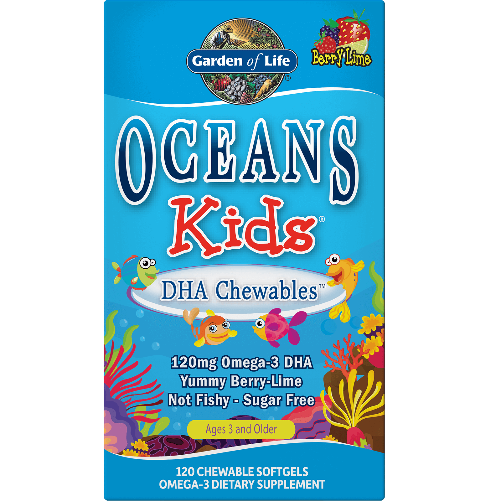 Cápsulas blandas de omega-3 con DHA Oceans Kids - Frutos del bosque y lima - 120 cápsulas blandas