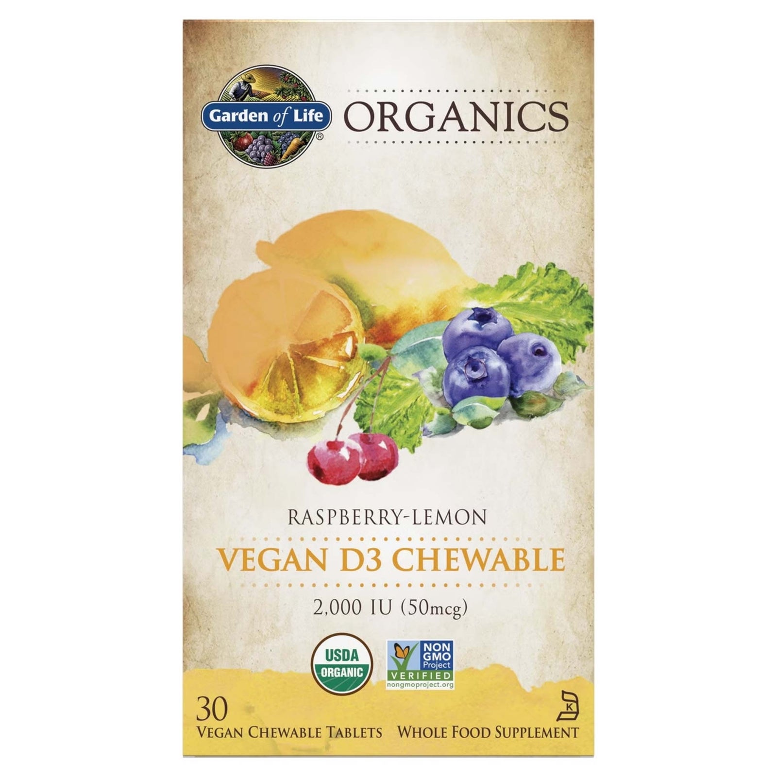 Organics Veganistische Vitamine D3 - Framboos Citroen - 30 kauwtabletten Organics Veganistische Vitamine D3 - Framboos Citroen - 30 kauwtabletten