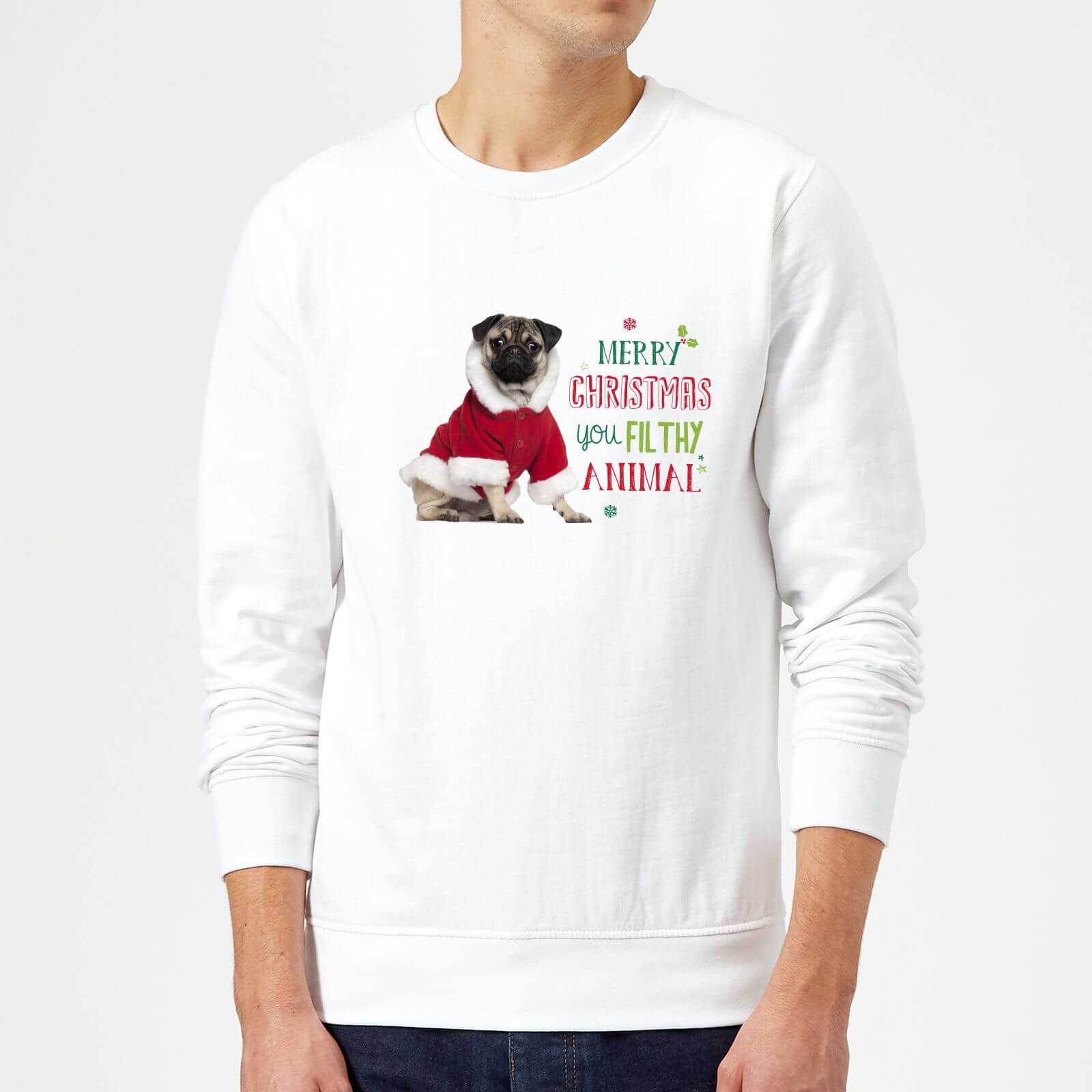 Christmas Pug Sweatshirt - White - S
