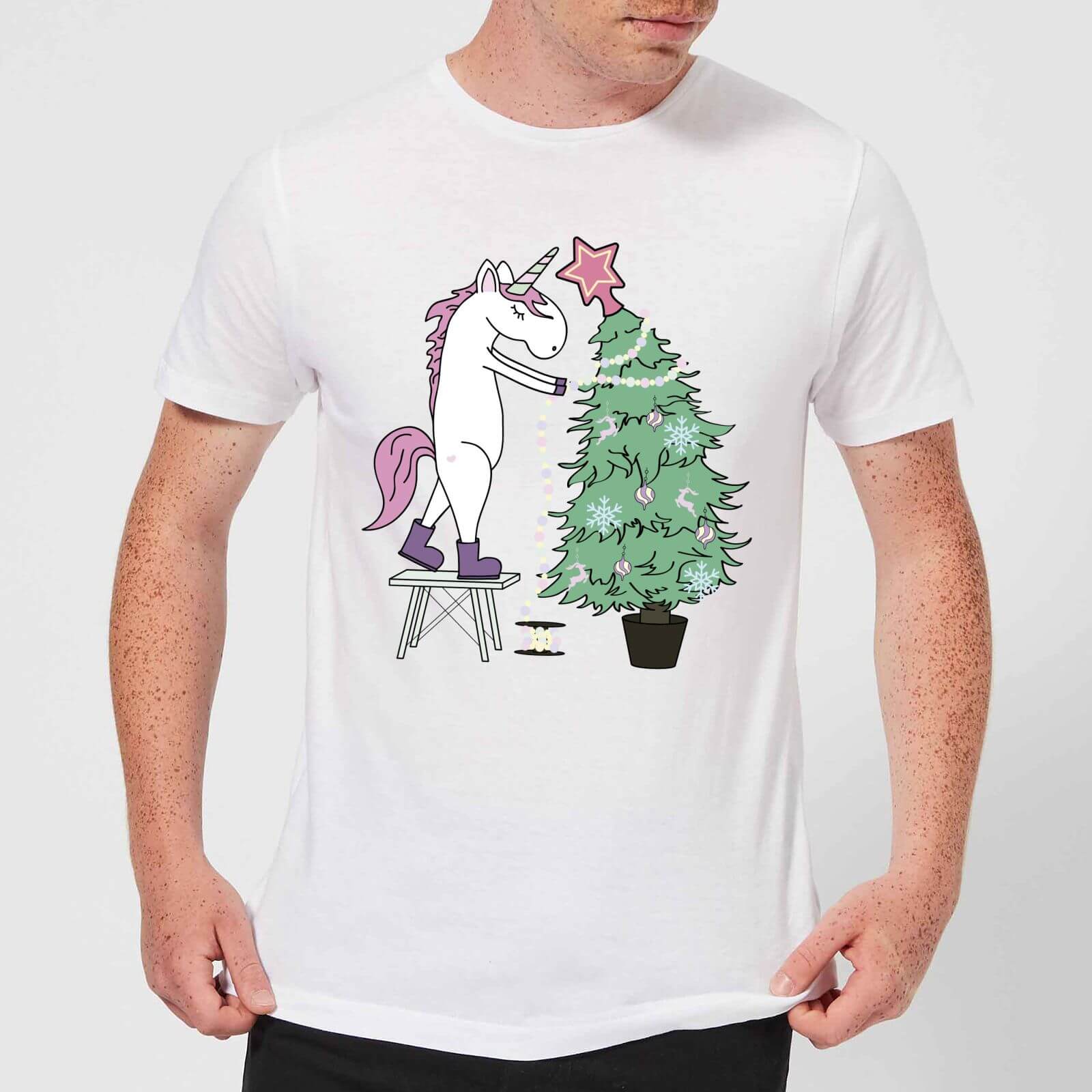 Unicorn Decorating The Christmas Tree Men's T-Shirt - White - L