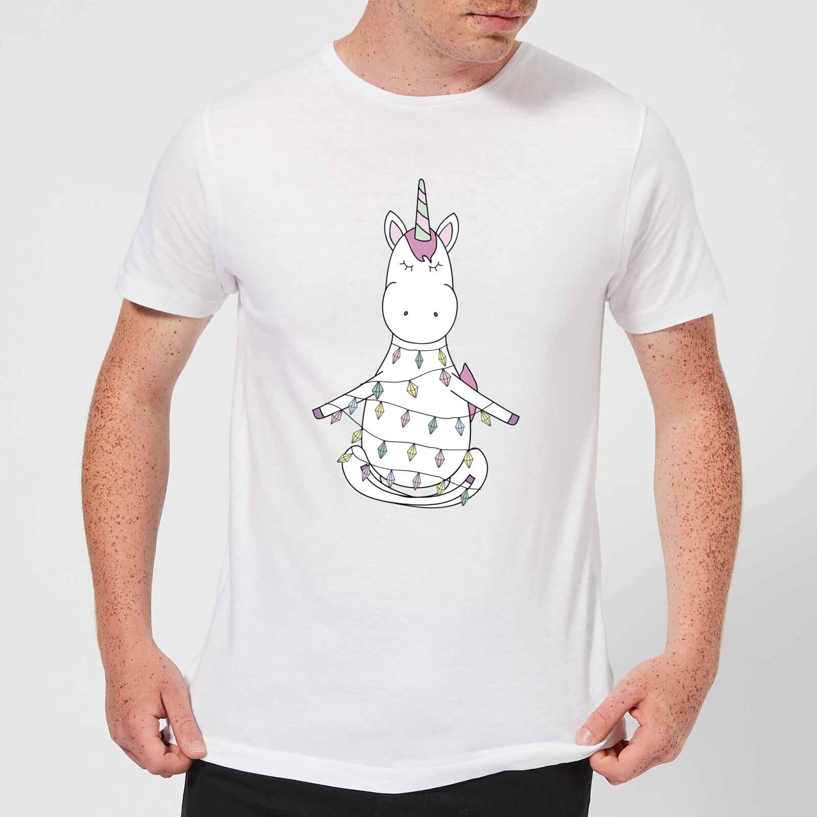 Unicorn Wrapped In Christmas Lights Men's T-Shirt - White - M - White