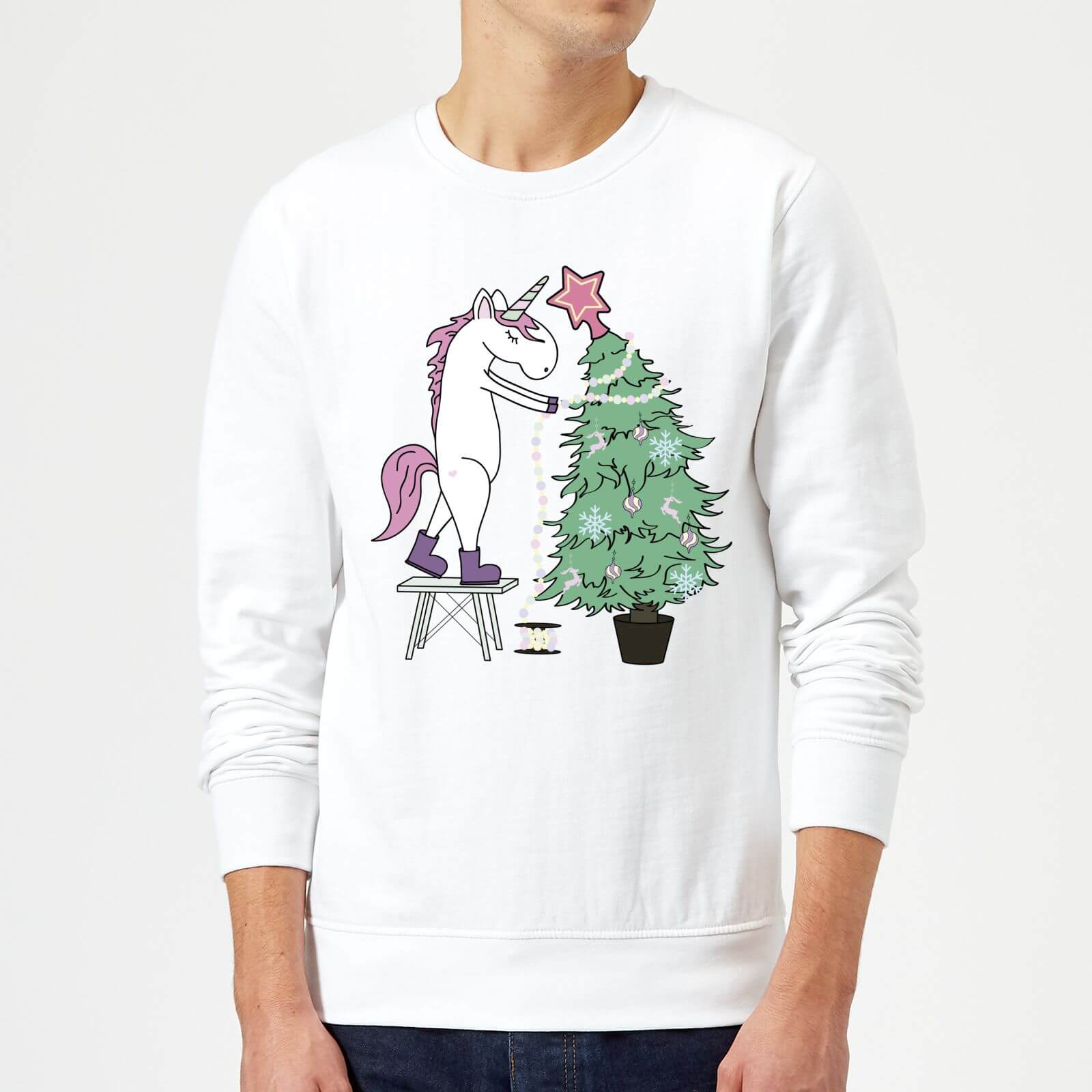 Unicorn Decorating The Christmas Tree Sweatshirt - White - S - White