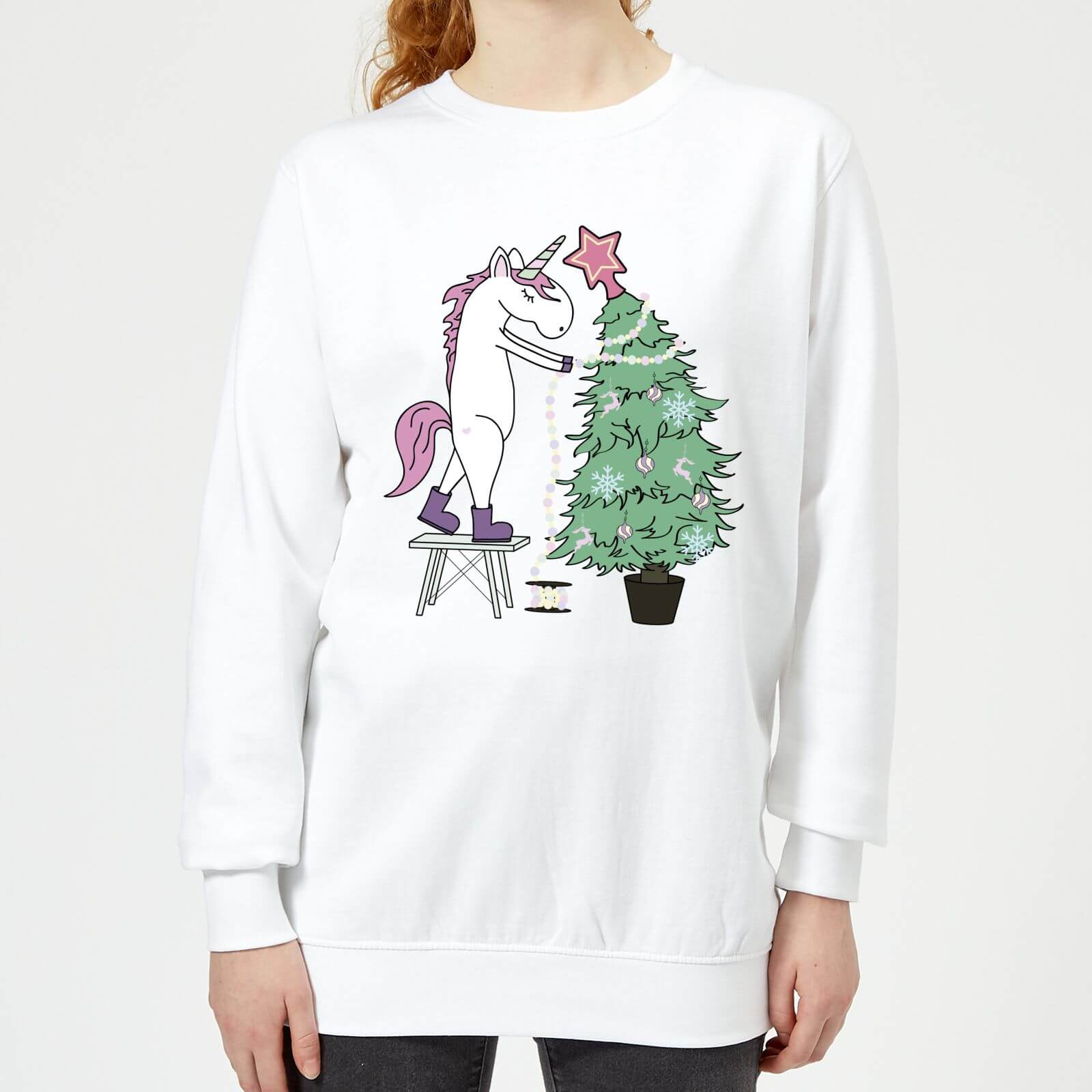 Unicorn Decorating The Christmas Tree Women's Sweatshirt - White - XS - White