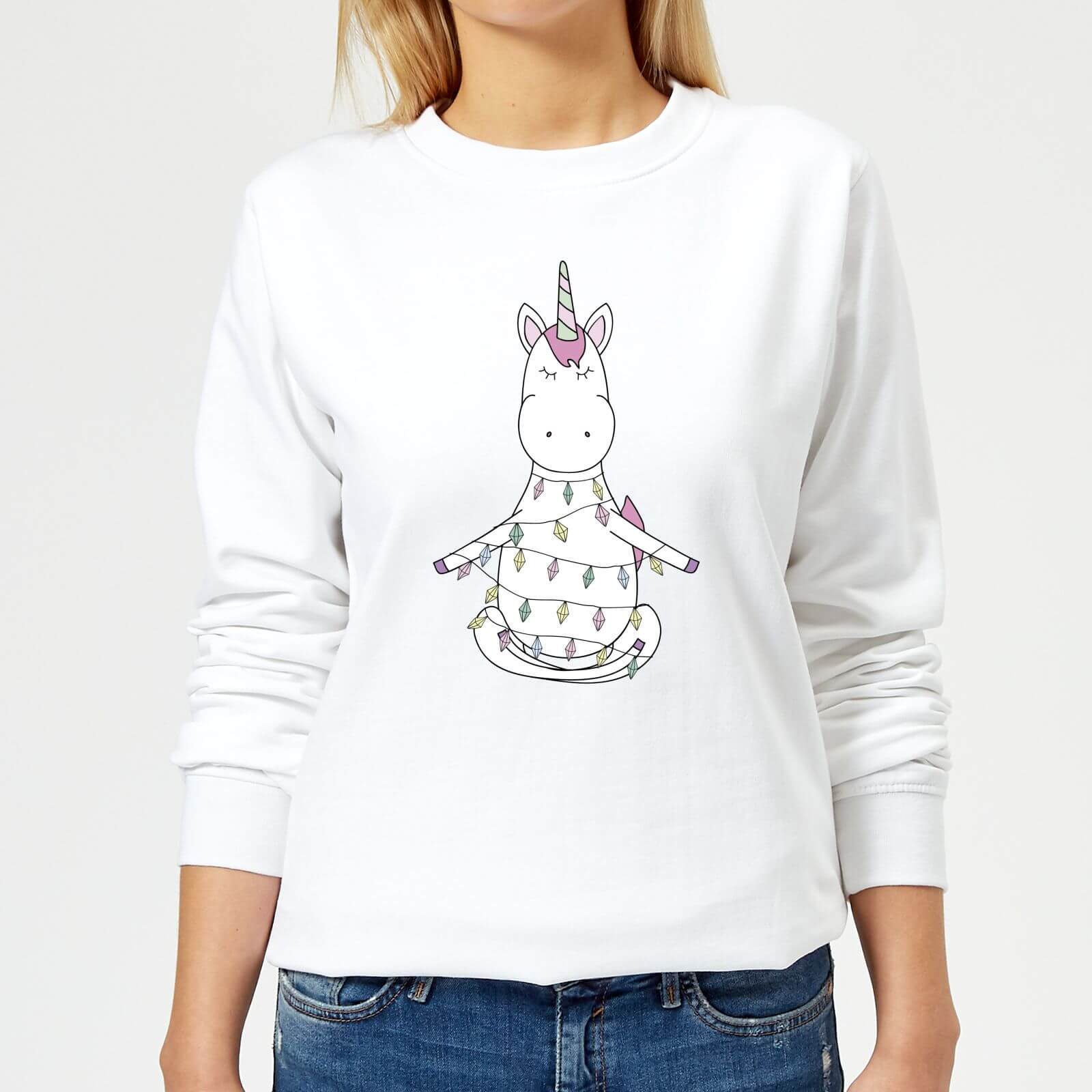 Unicorn Wrapped In Christmas Lights Women's Sweatshirt - White - XS - White
