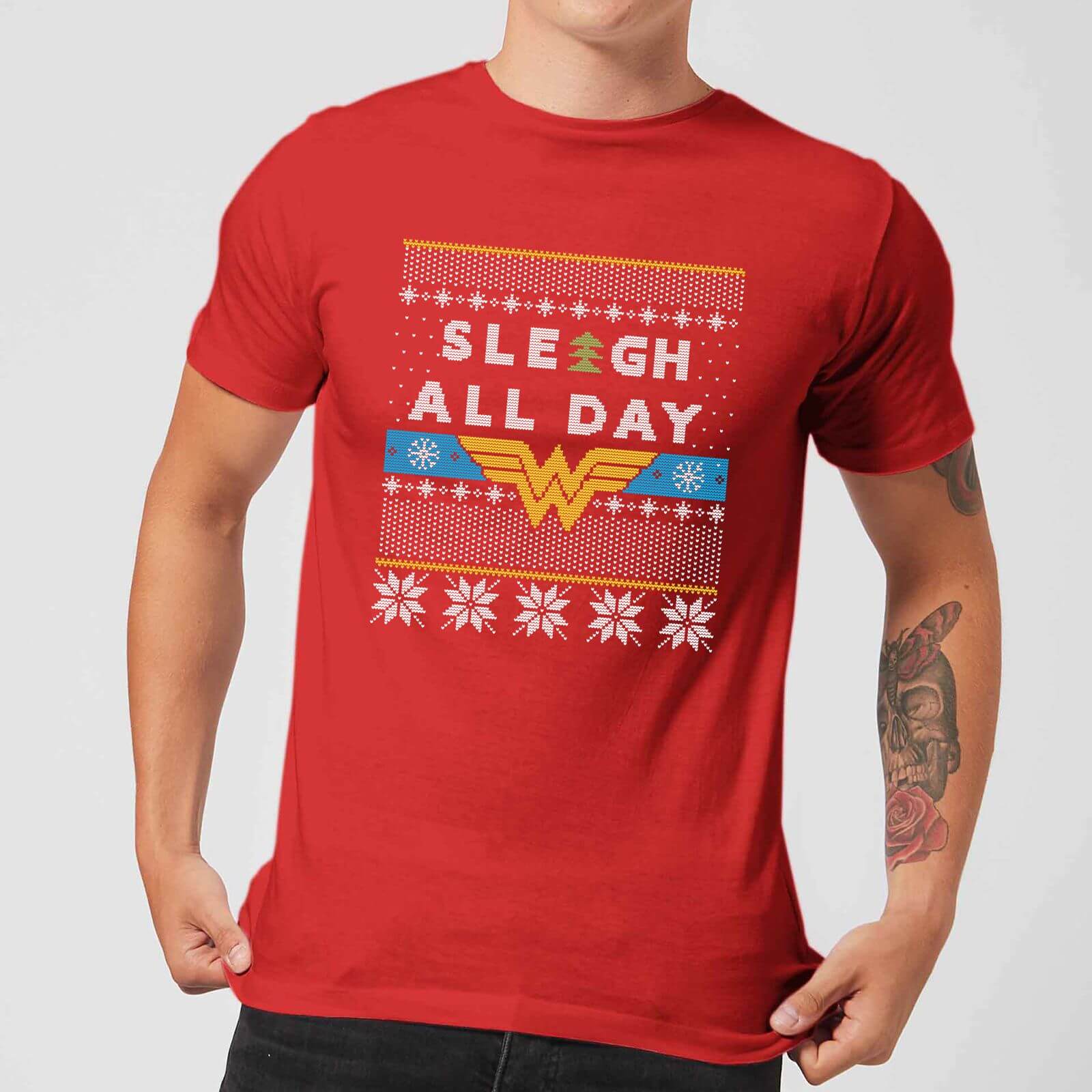 Image of Wonder Woman 'Sleigh All Day Men's Christmas T-Shirt - Red - M