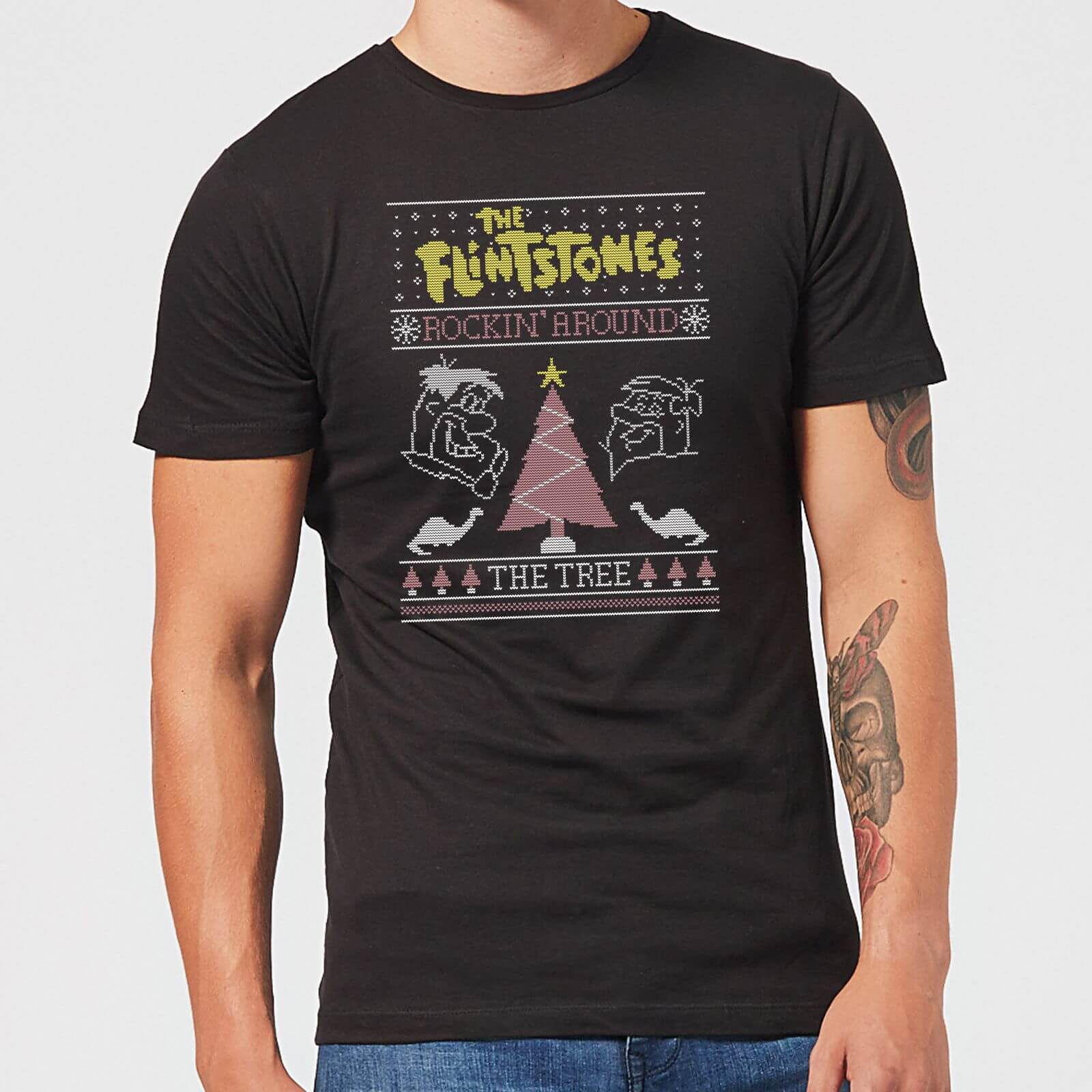 Flintstones Rockin Around The Tree Men's Christmas T-Shirt - Black - S