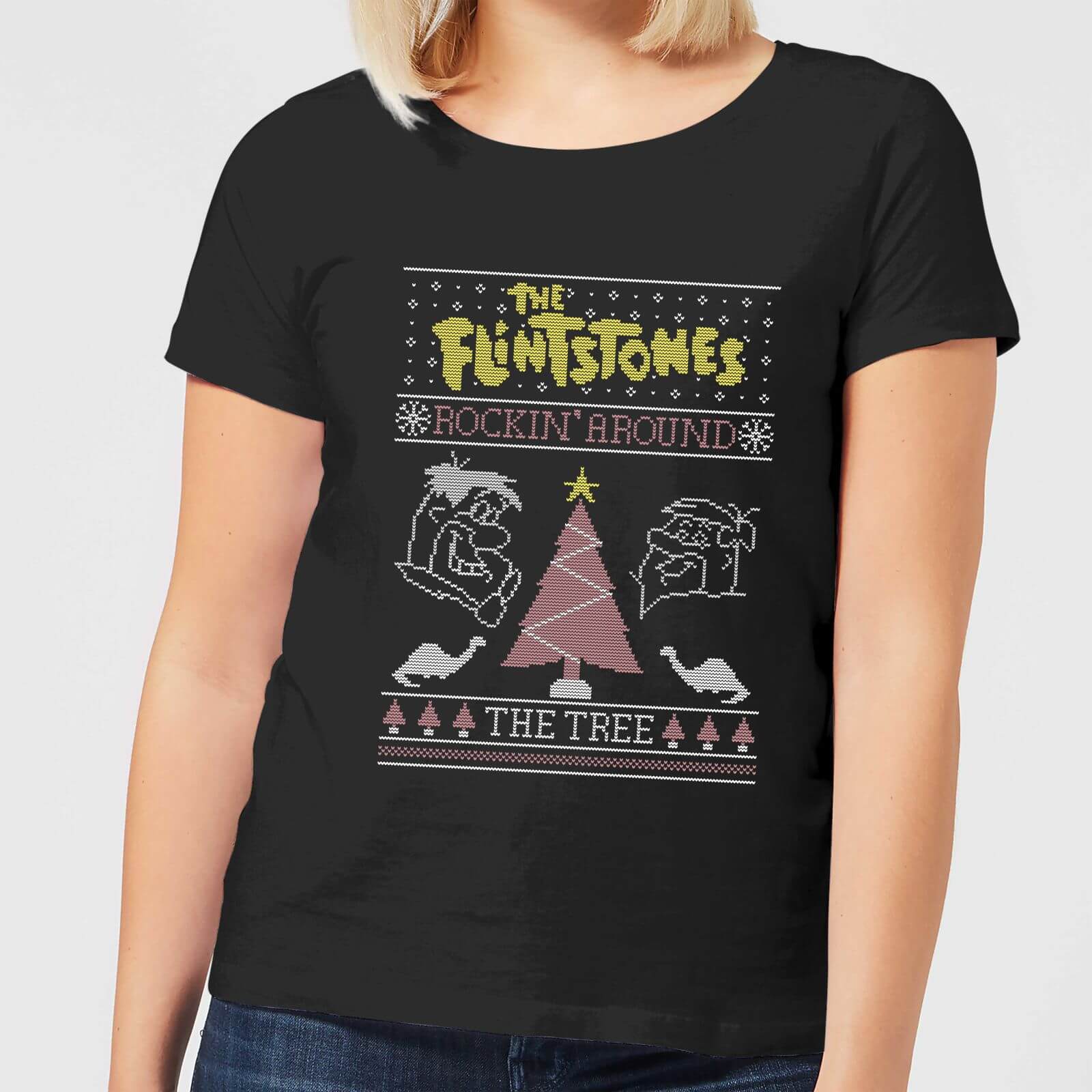 Flintstones Rockin Around The Tree Women's Christmas T-Shirt - Black - S - Black