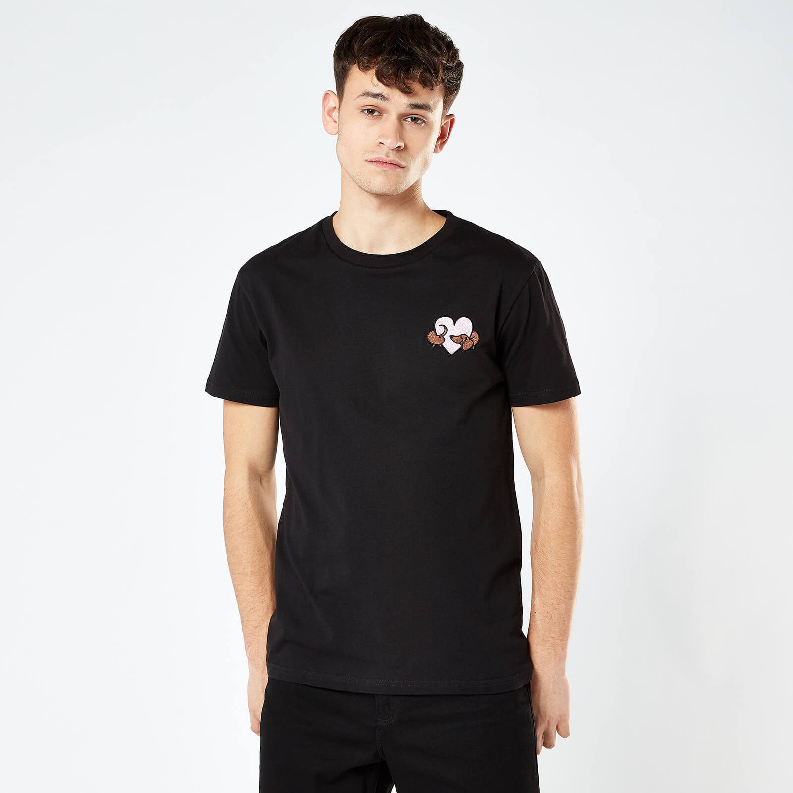 Sausage Dog Love Heart Unisex Embroidered T-Shirt - Black - S - Black