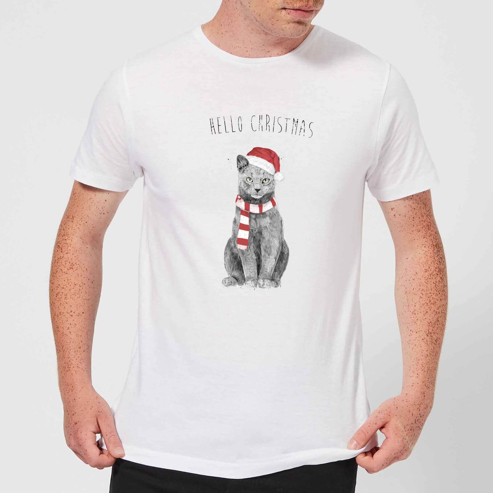 Balazs Solti Hello Christmas Cat Men's T-Shirt - White - S - White