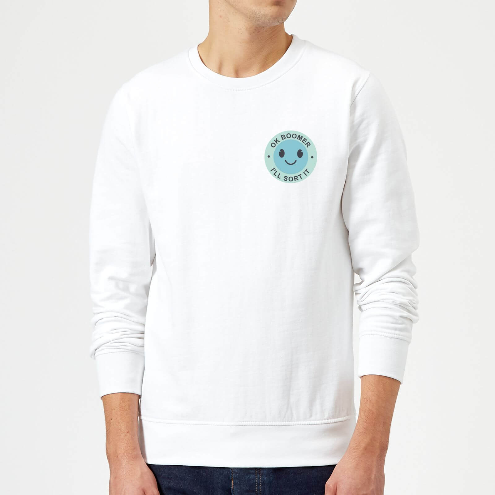Ok Boomer Blue Smile Pocket Print Sweatshirt - White - S - White