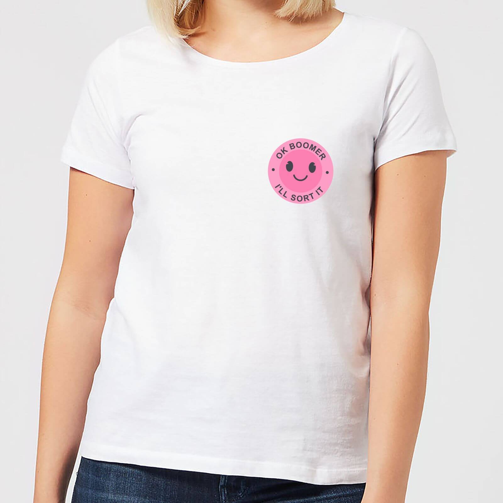 Ok Boomer Pink Smile Pocket Print Women's T-Shirt - White - S - White
