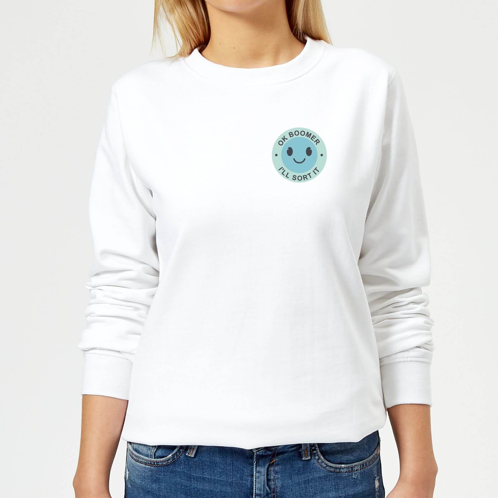 Ok Boomer Blue Smile Pocket Print Women's Sweatshirt - White - XS - White