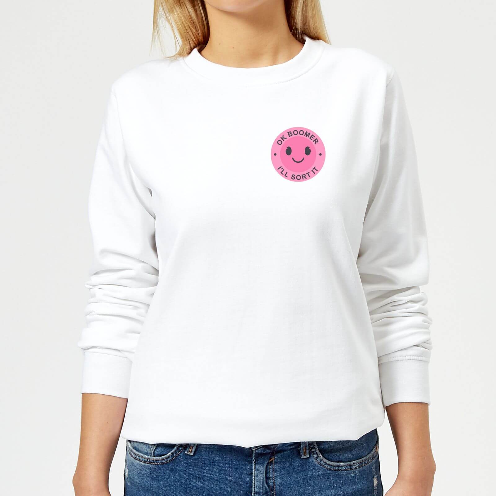 Ok Boomer Pink Smile Pocket Print Women's Sweatshirt - White - XS - White