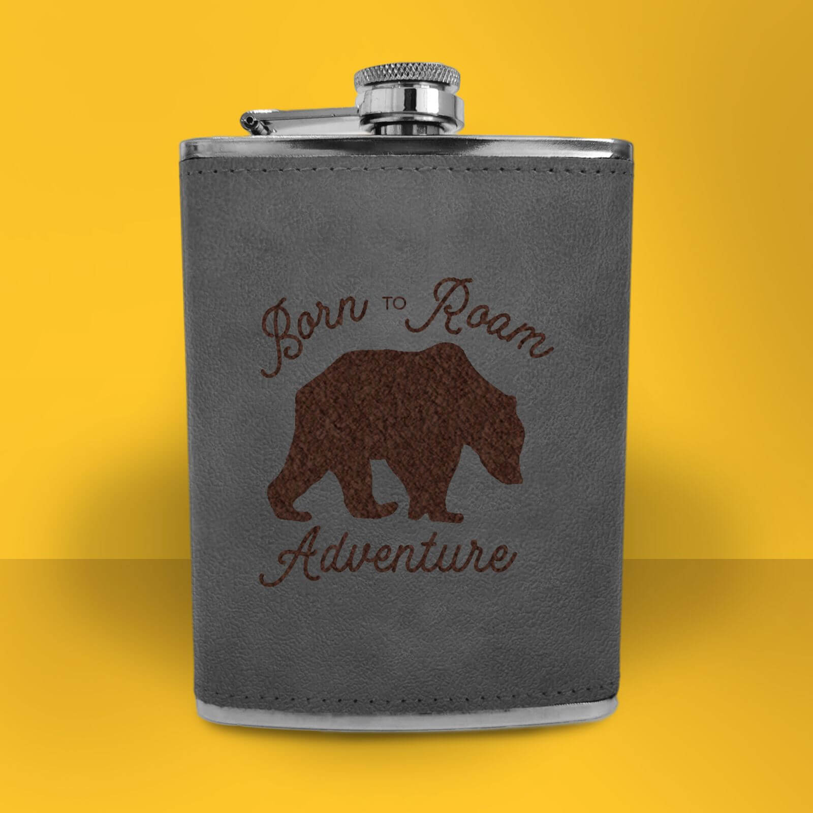 Bear Born To Roam Adventure Engraved Hip Flask - Grey