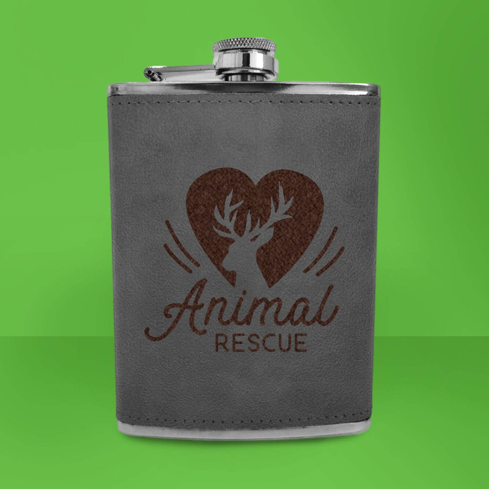 Love Heart Deer Animal Rescue Engraved Hip Flask - Grey