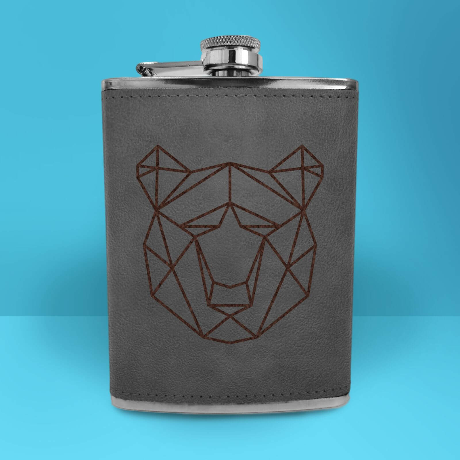 Geometric Bear Head Engraved Hip Flask - Grey