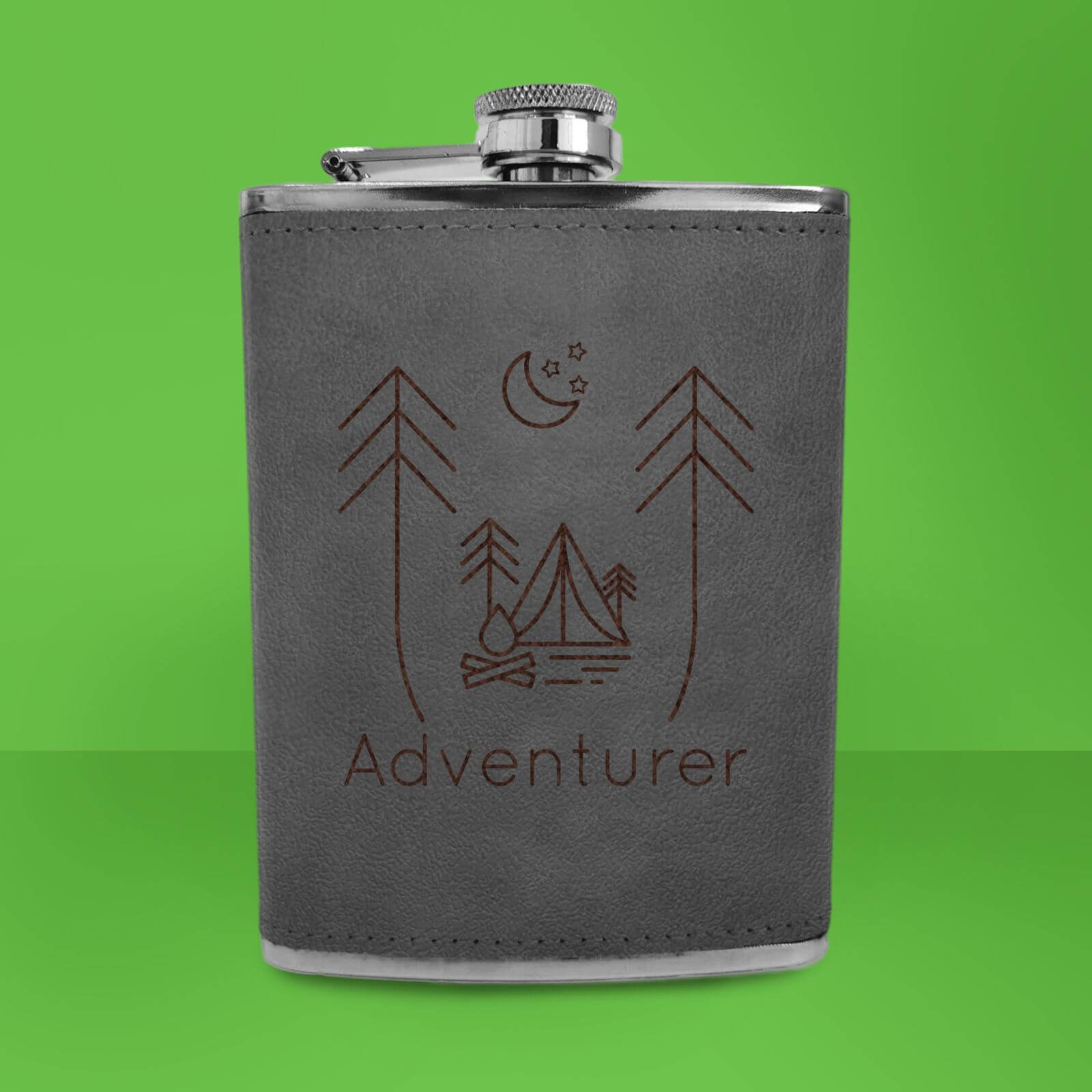 Night Time Campsite Adventurer Engraved Hip Flask - Grey