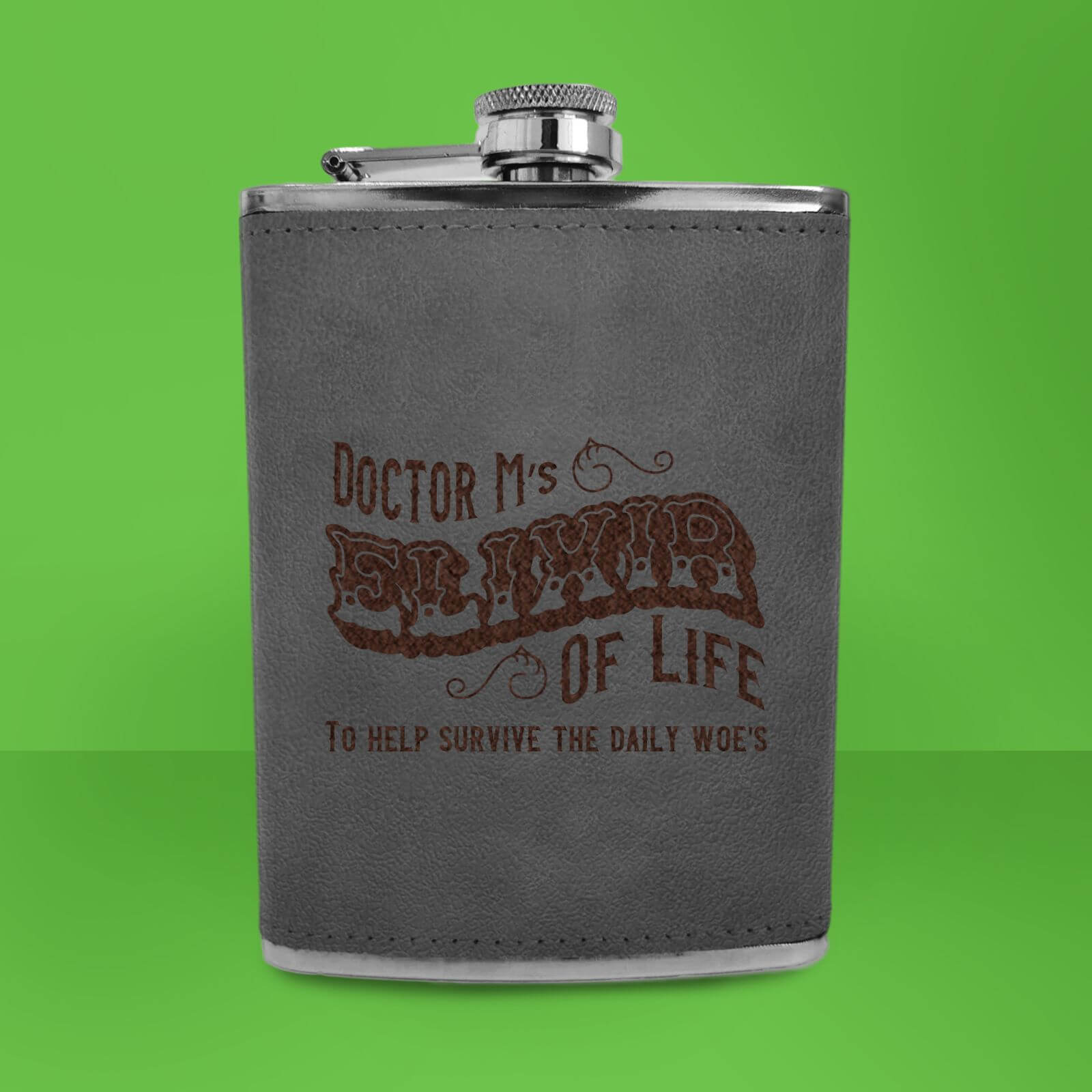 Doctor M's Elixir Of Life Engraved Hip Flask - Grey