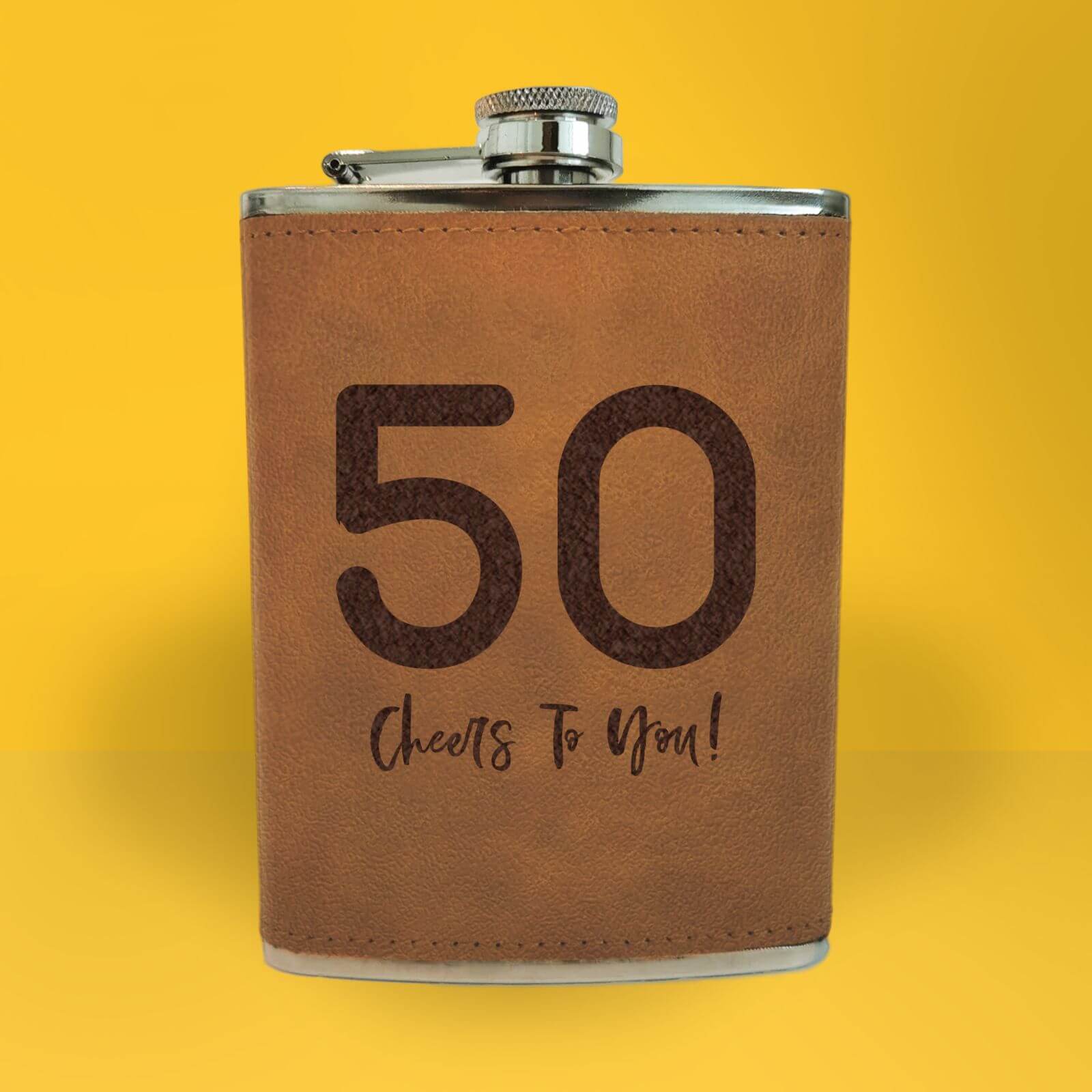 50 Cheers To You! Engraved Hip Flask - Brown