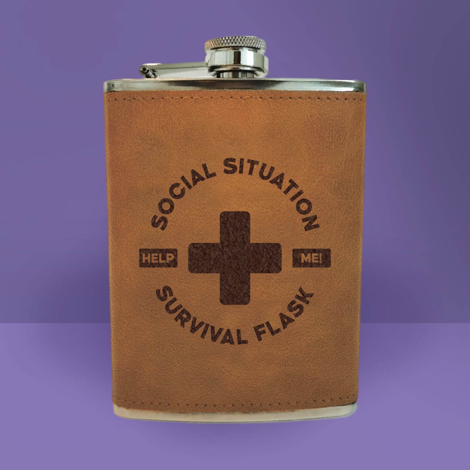 Social Situation Survival Flask - Brown Engraved Hip Flask - Brown