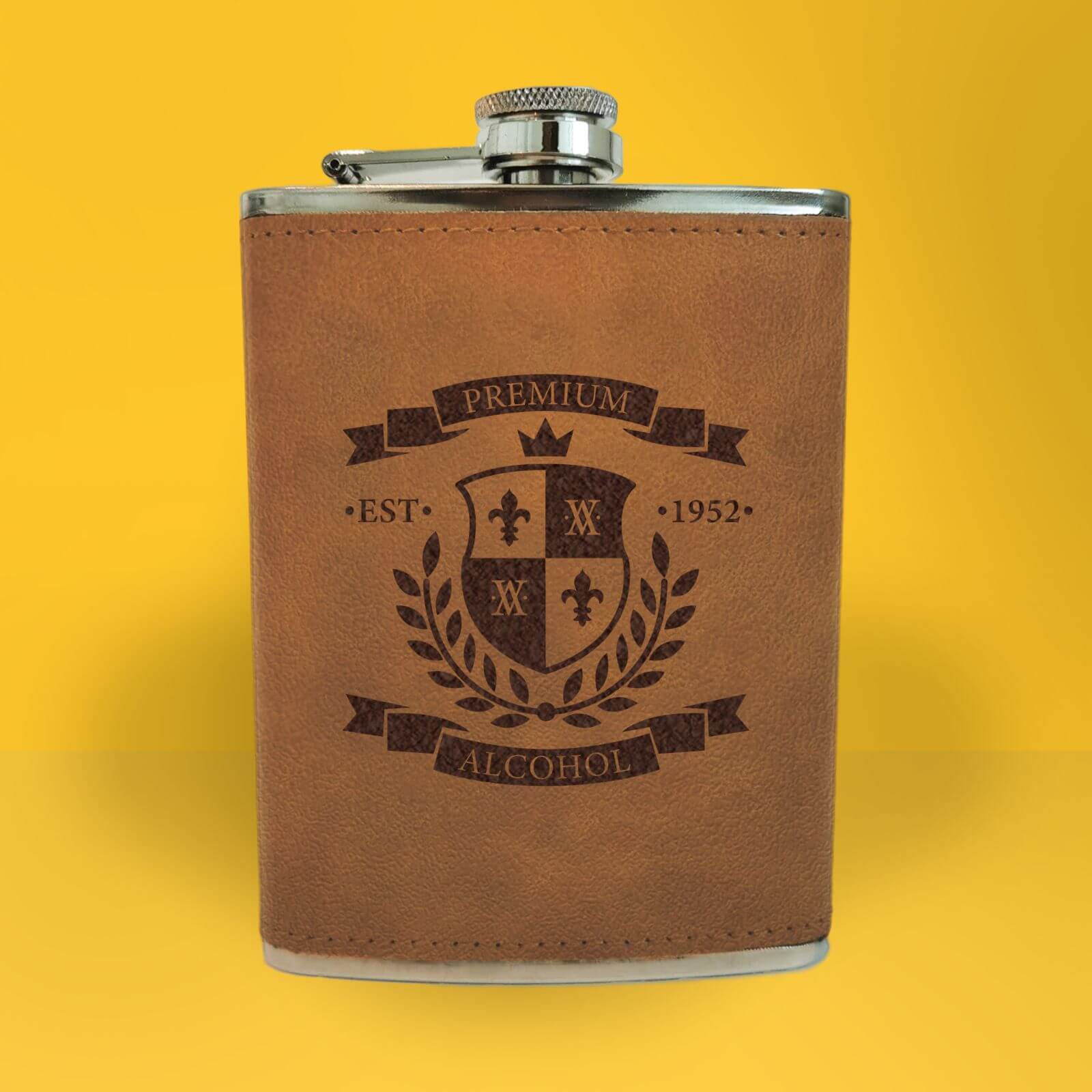 Premium Alcohol Seal Of Approval Engraved Hip Flask - Brown