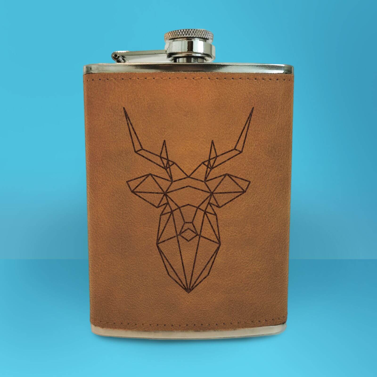 Geometric Stag Head Engraved Hip Flask - Brown