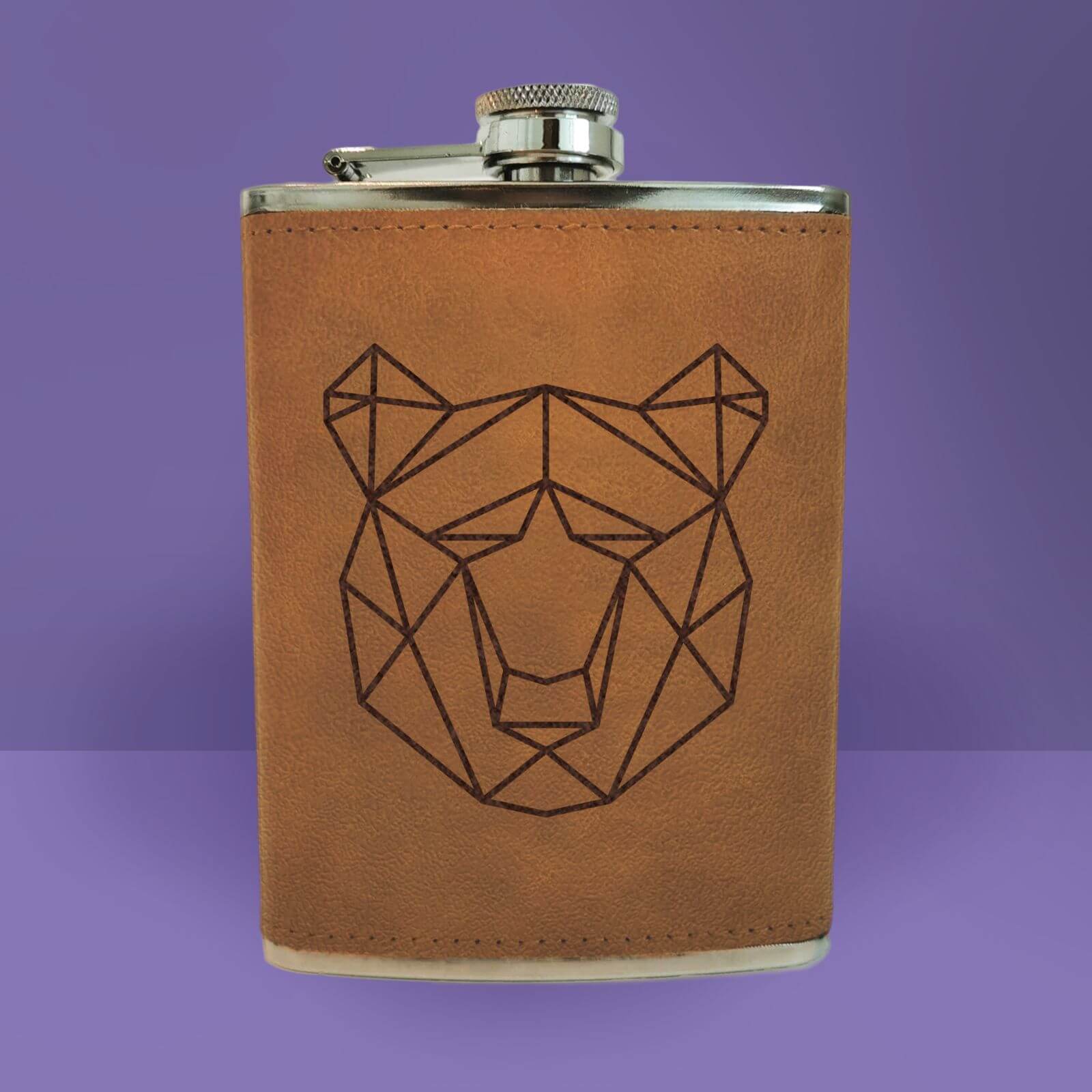 Geometric Bear Head Engraved Hip Flask - Brown