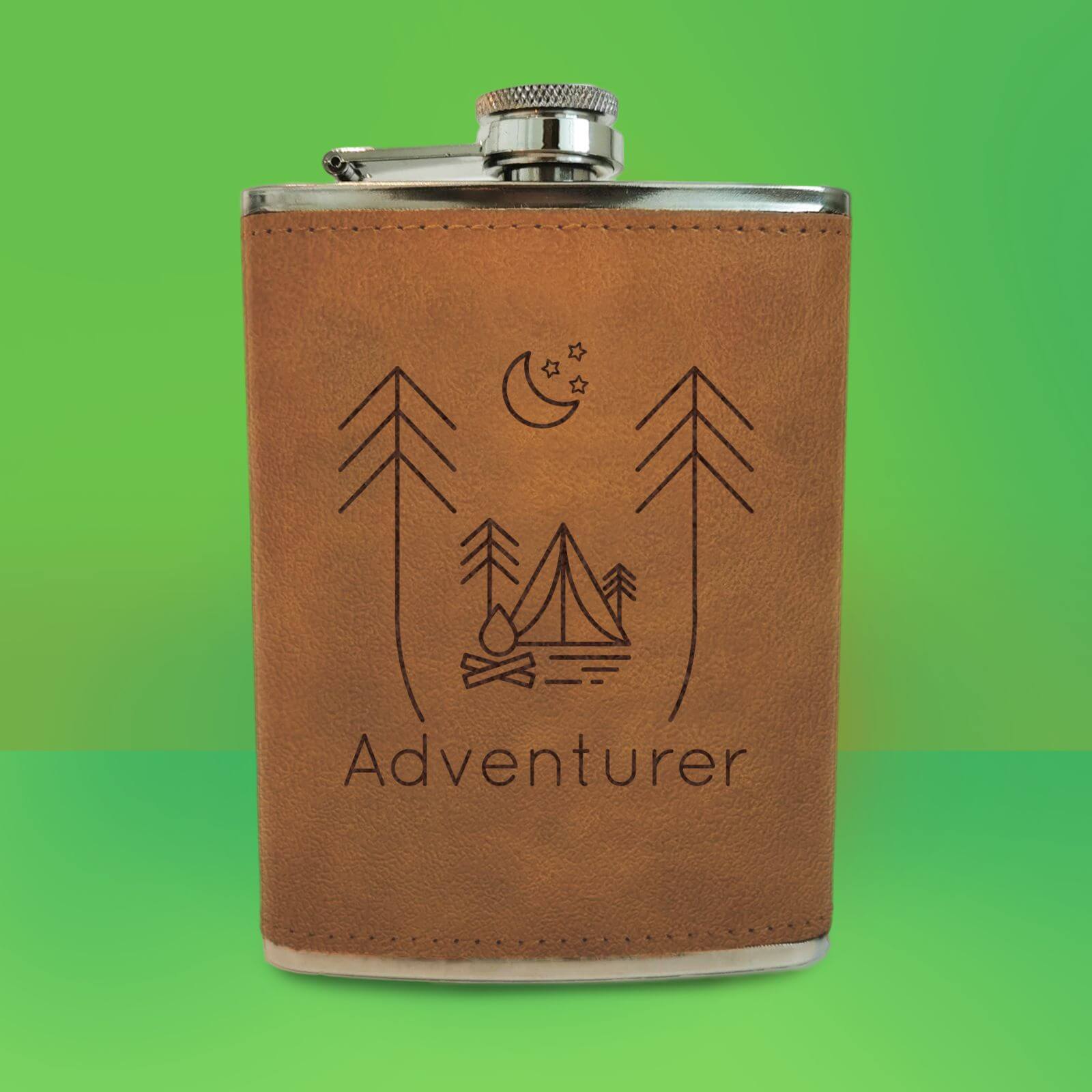 Night Time Campsite Adventurer Engraved Hip Flask - Brown