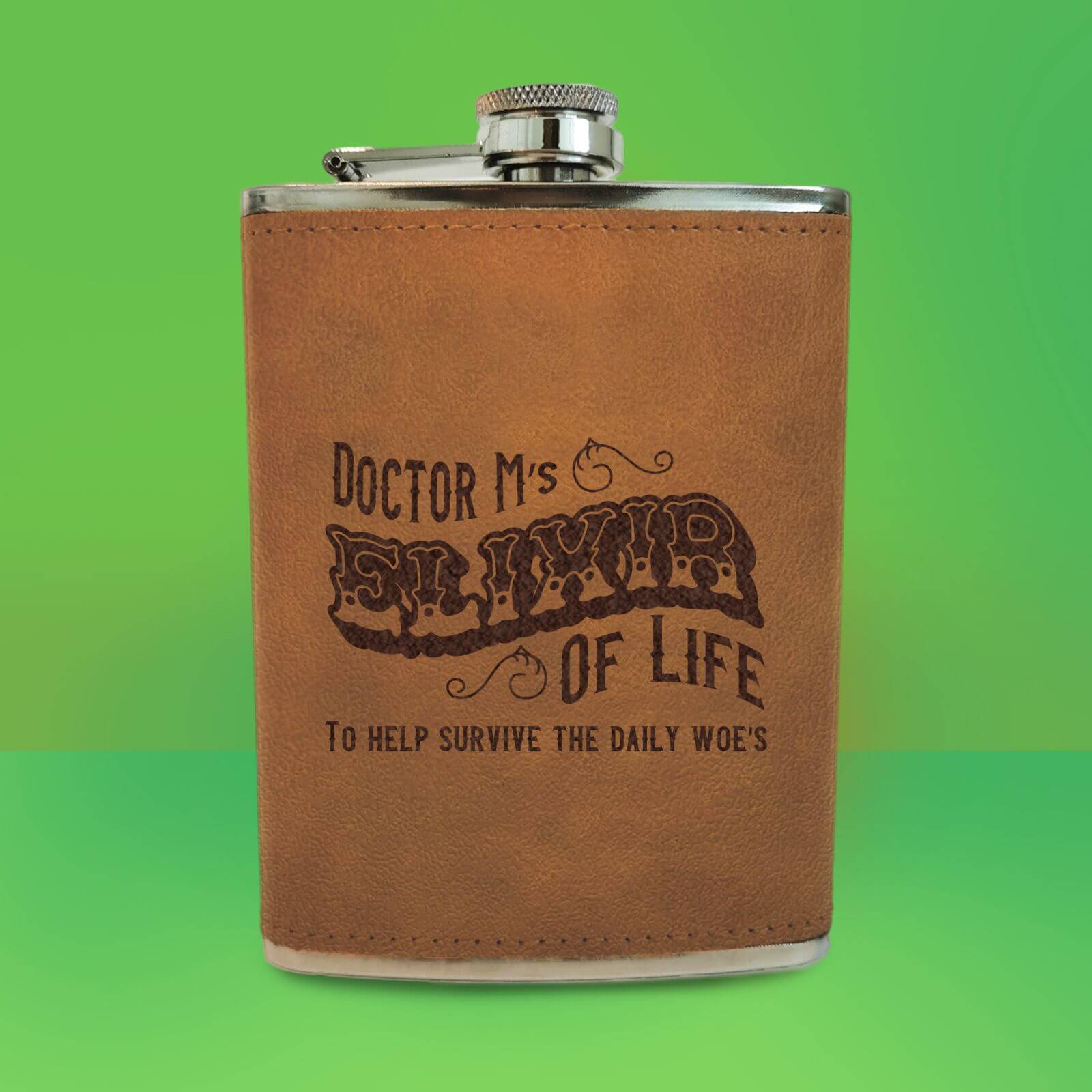 Doctor M's Elixir Of Life Engraved Hip Flask - Brown